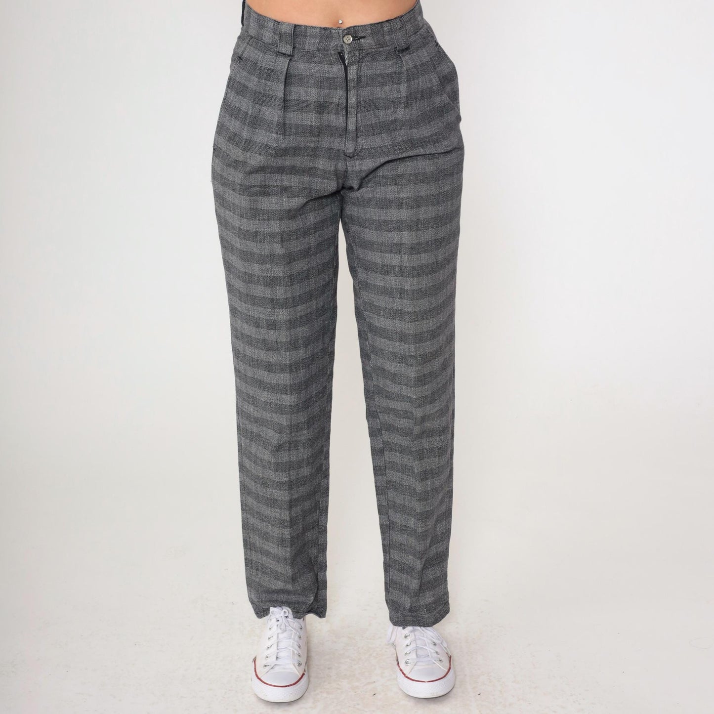 80s Generra Grey Striped Pleated Trousers High Waist Tapered Cotton Small