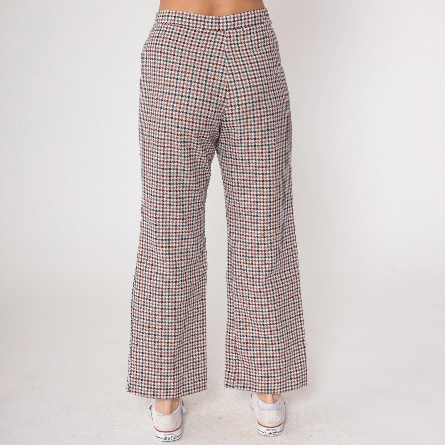 70s Houndstooth Flared Trousers Burgundy Navy High Waisted Bell Bottoms Medium