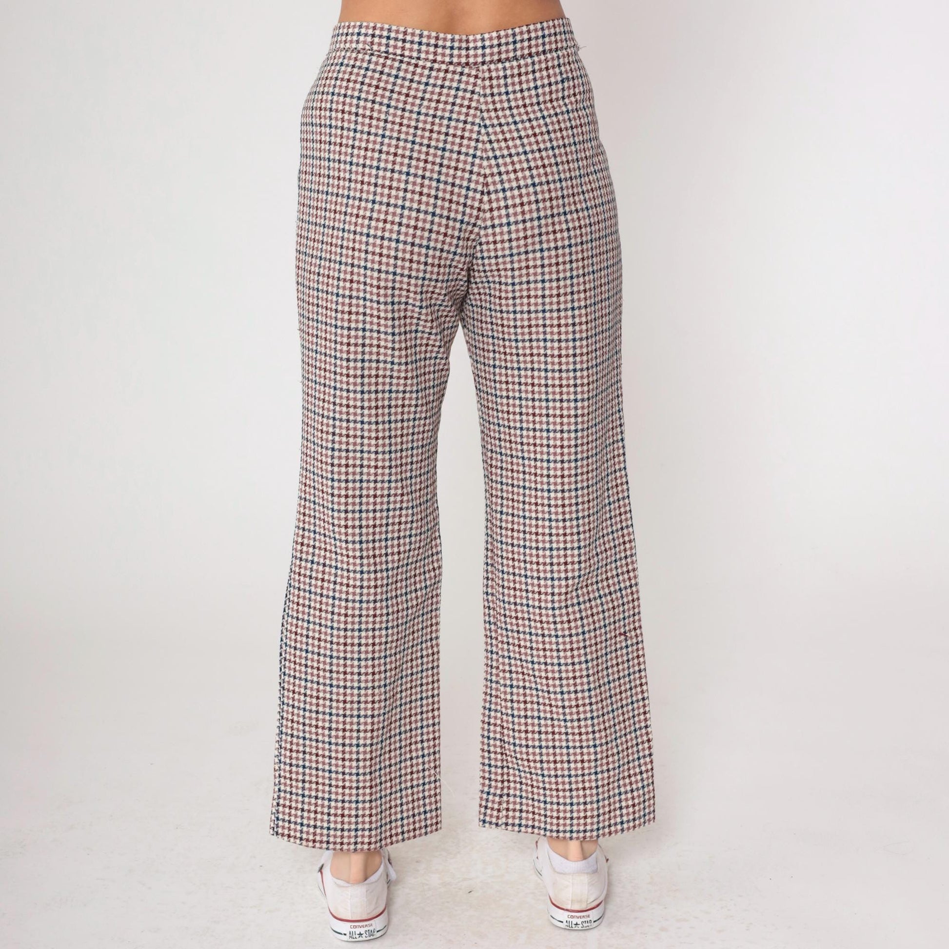 70s Houndstooth Flared Trousers Burgundy Navy High Waisted Bell Bottoms Medium