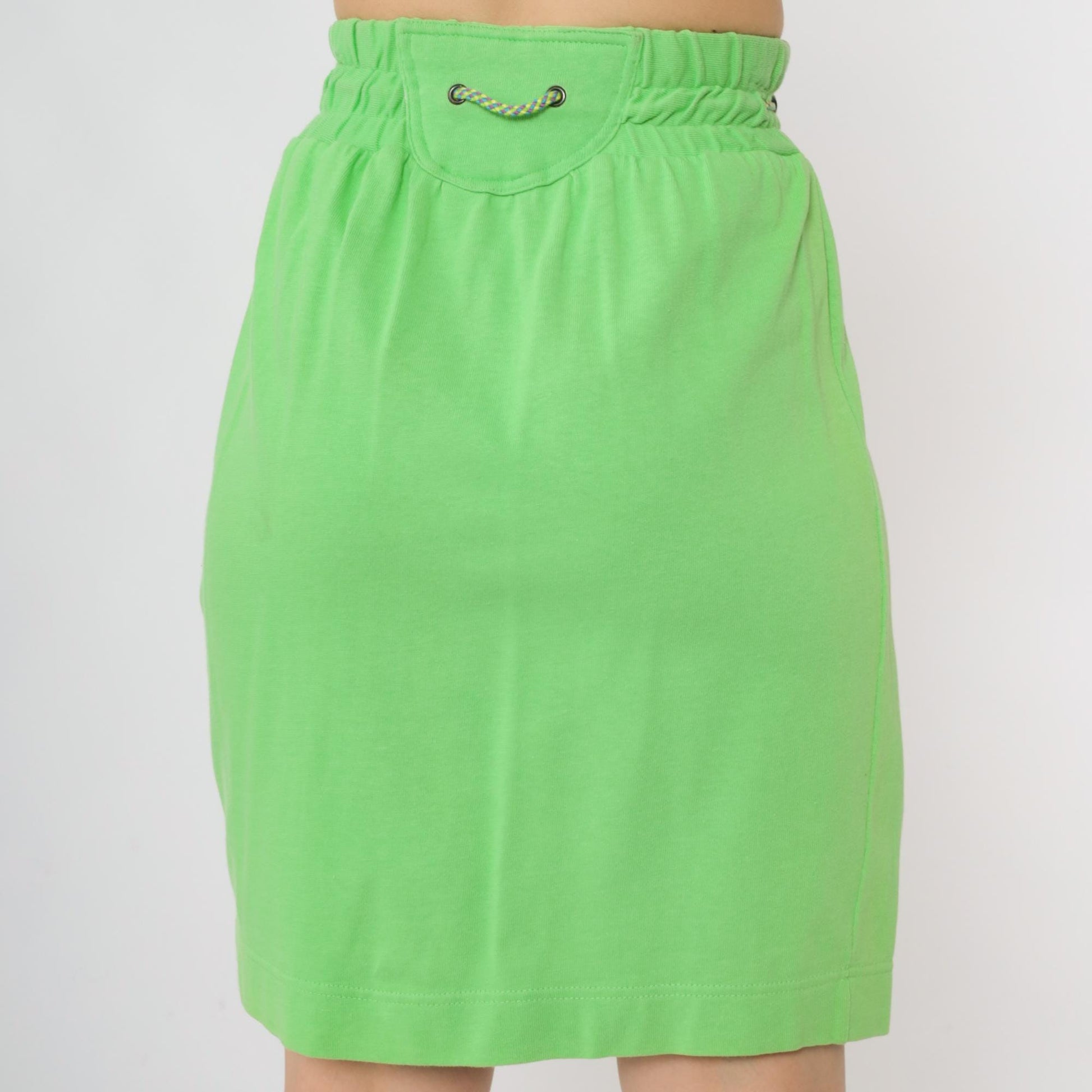 90s Lime Green Mini Skirt Drawstring Waist Cotton Small S