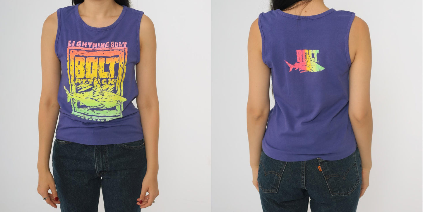 90s Lightning Bolt Shark Graphic Tank Top Purple Neon Sleeveless Extra Small