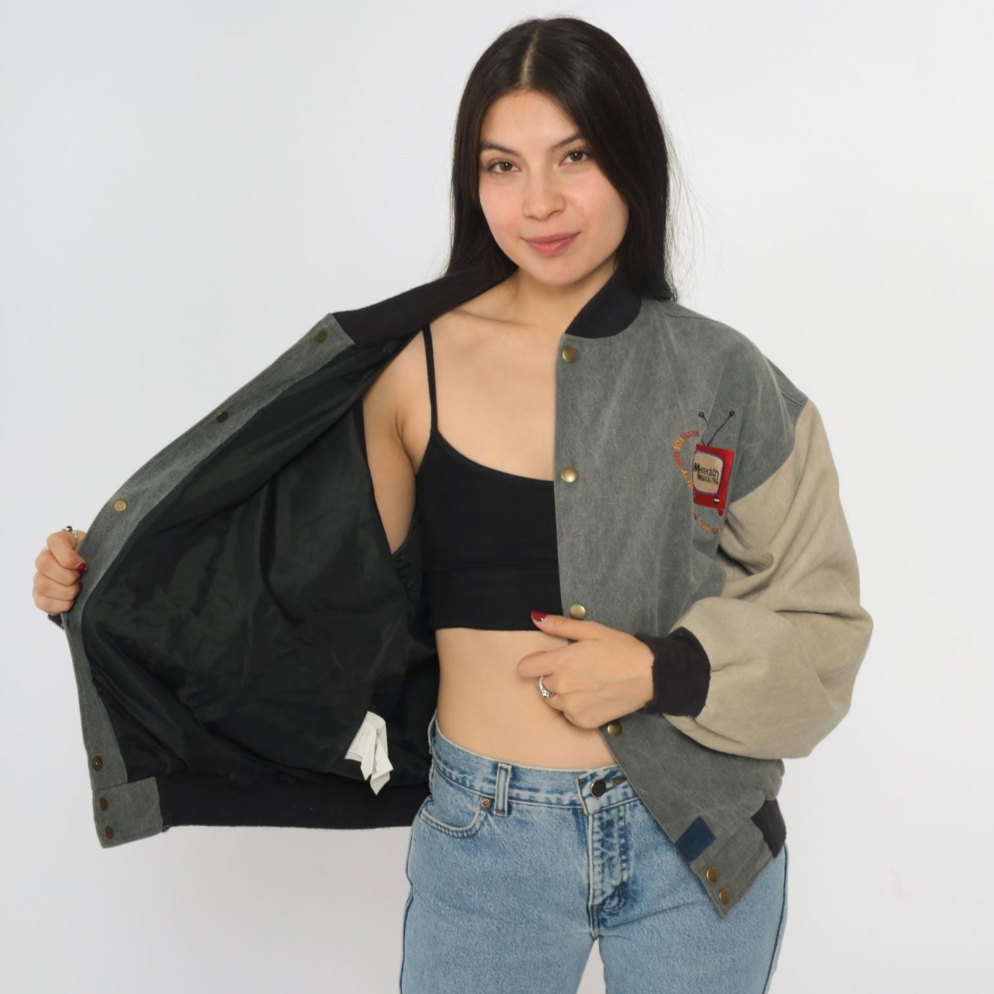 90s Meredith Broadcasting Bomber Jacket Canvas Colorblock Grey Medium