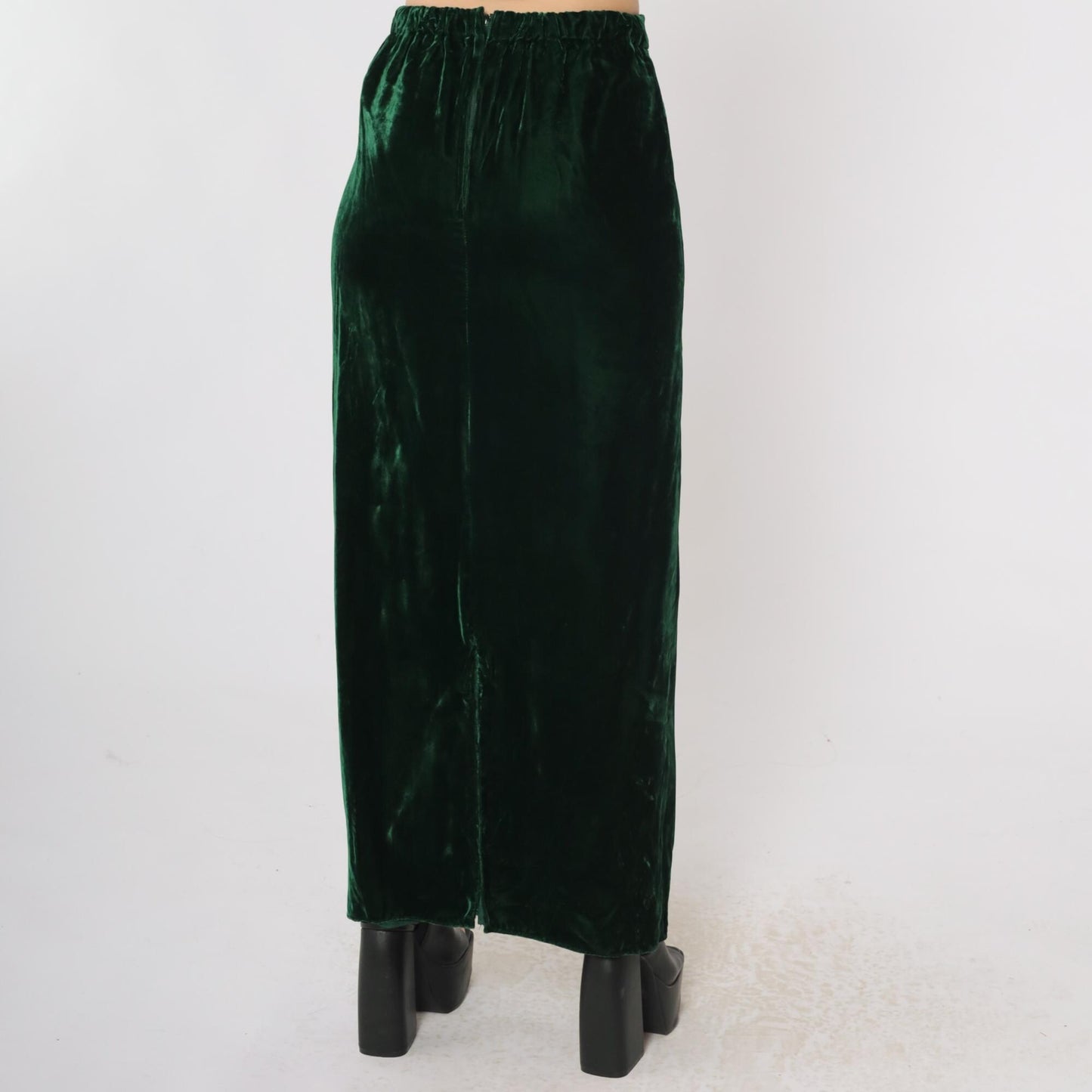 80s Green Velvet Maxi Skirt High Waist Ankle Length Small S