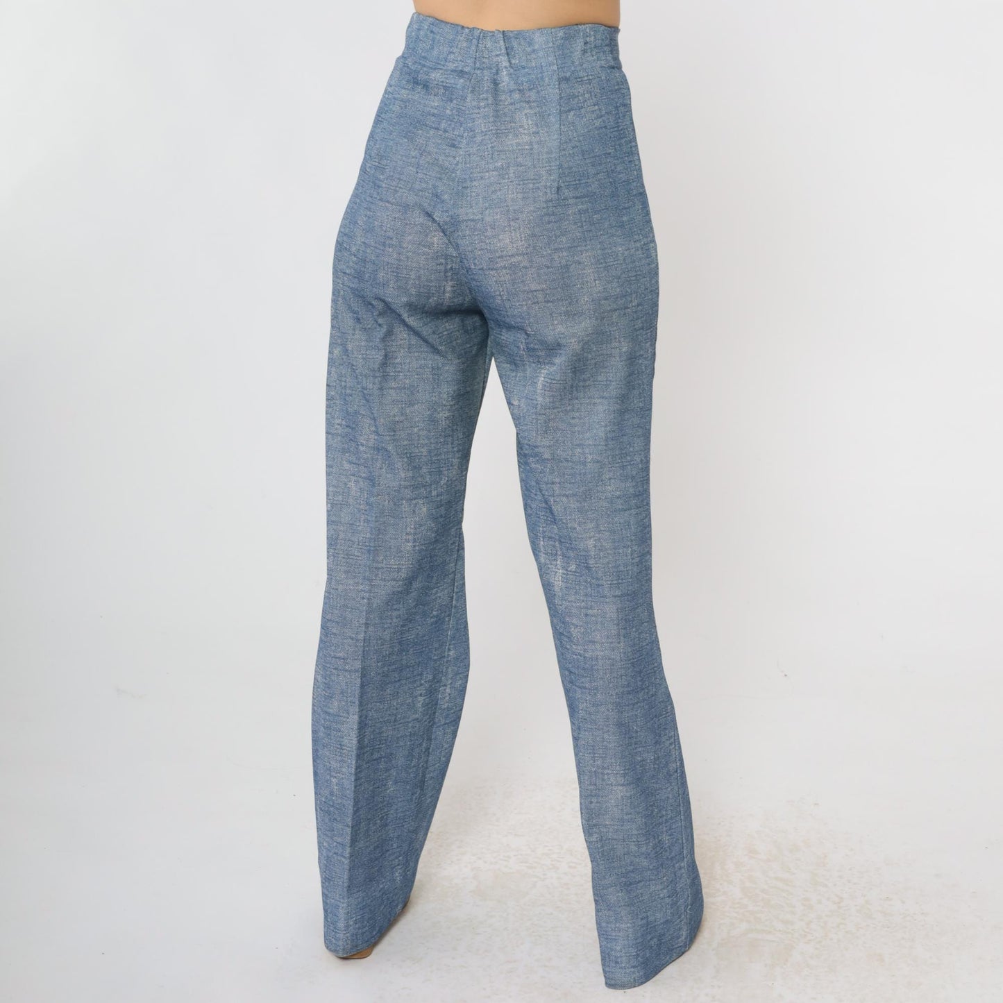 70s Blue Faux Denim Bell Bottom Trousers High Rise Elastic Waist Small