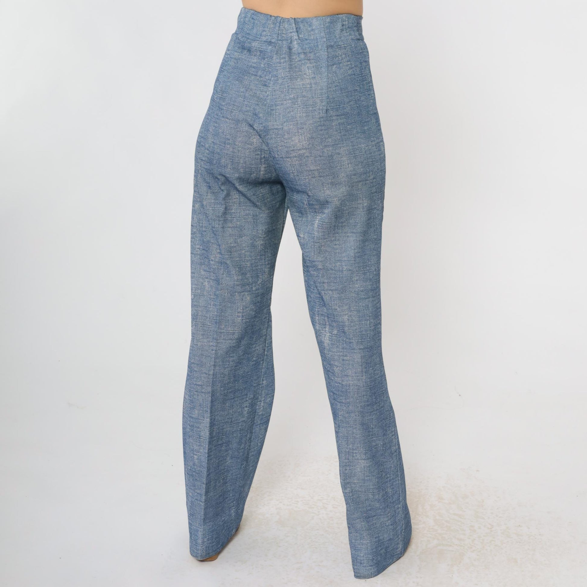 70s Blue Faux Denim Bell Bottom Trousers High Rise Elastic Waist Small