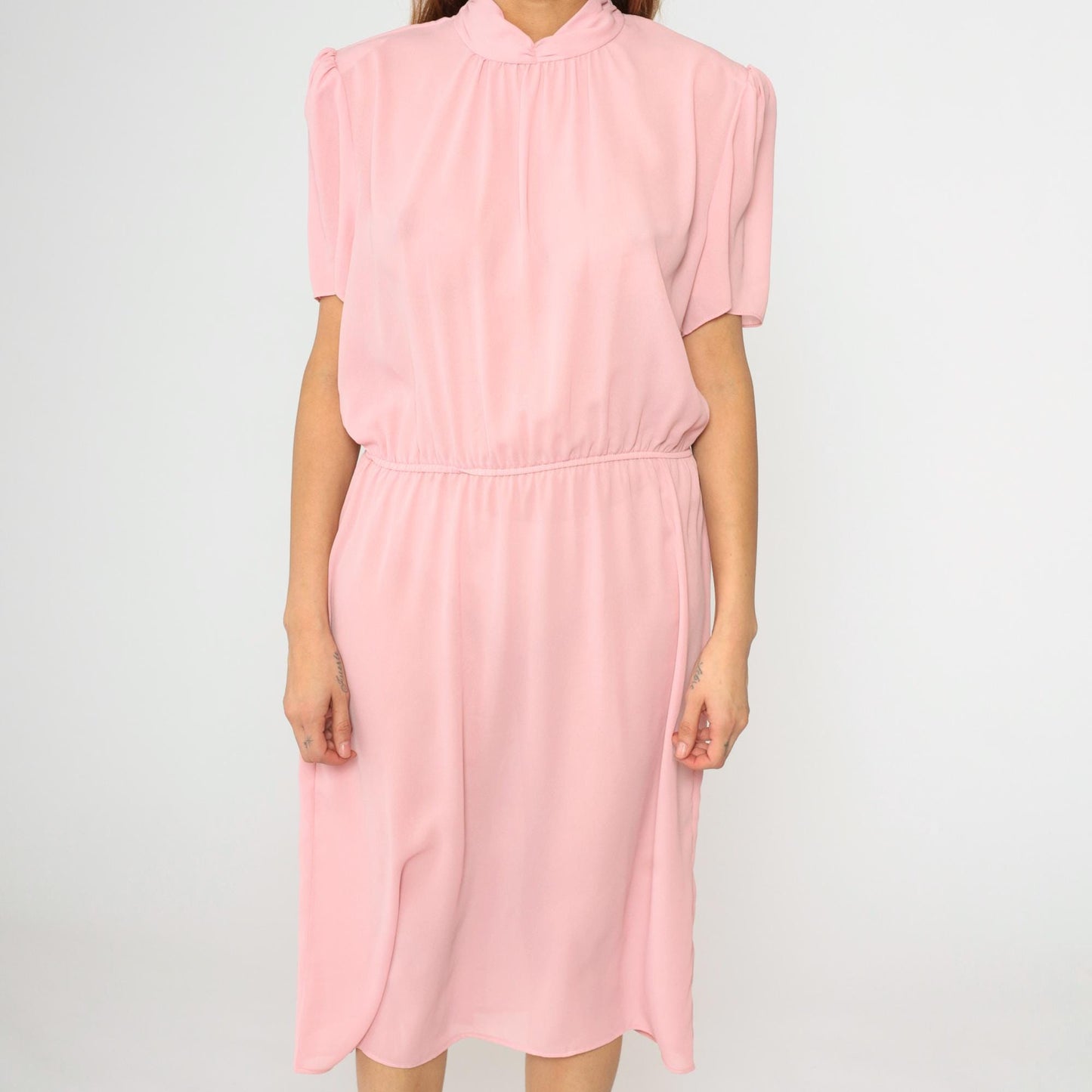 80s Pink Puff Sleeve Midi Dress High Waist Mock Neck Large L