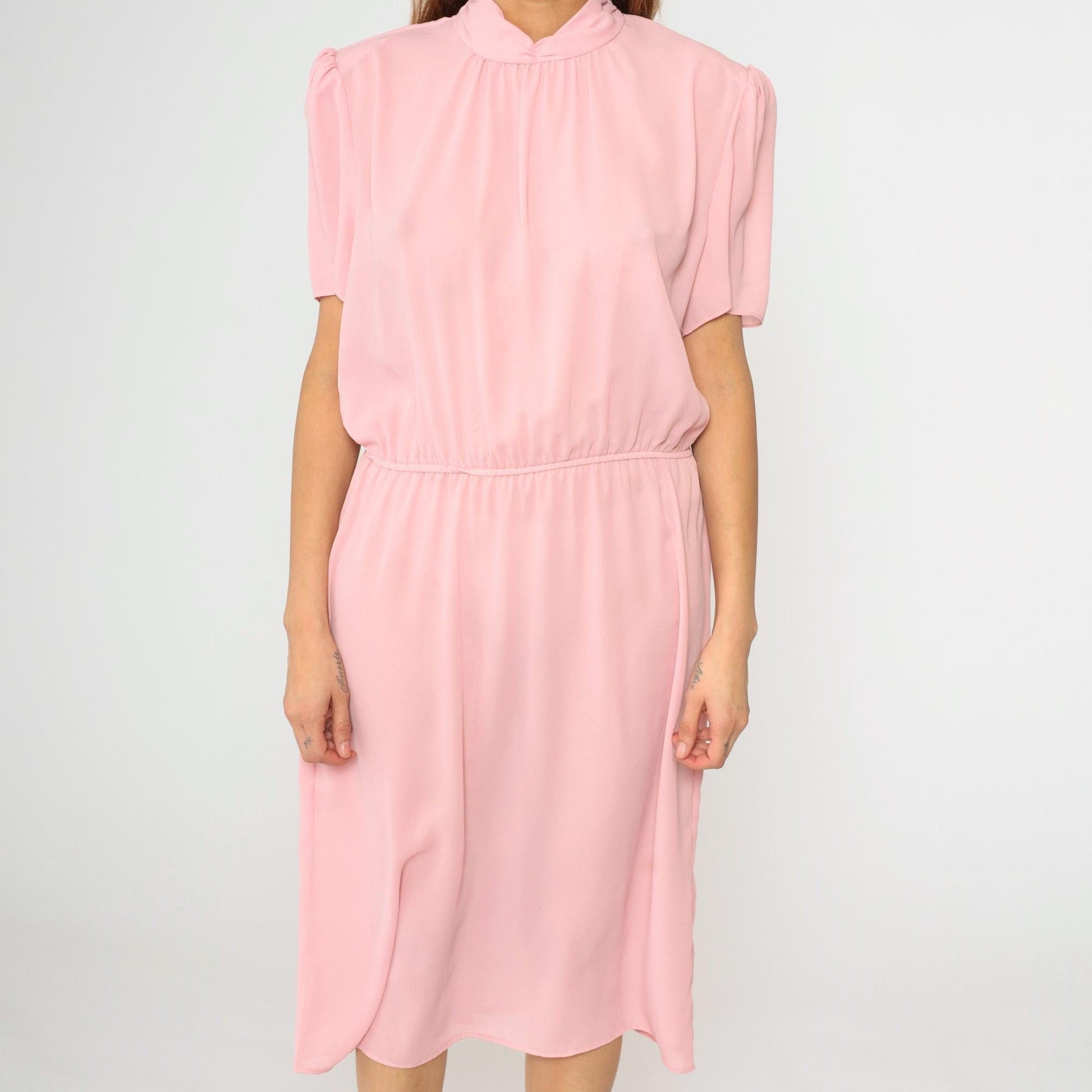 80s Pink Puff Sleeve Midi Dress High Waist Mock Neck Large L