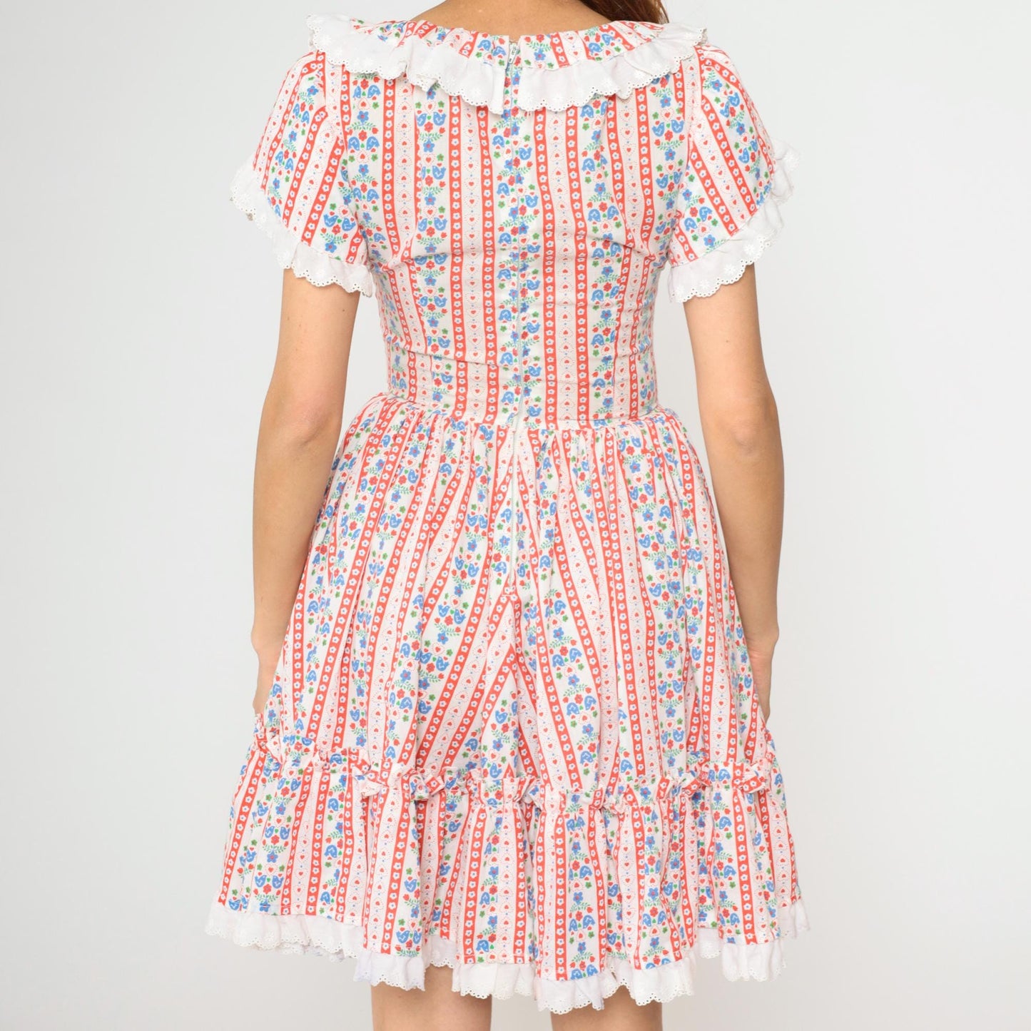 70s Floral Bird Print Prairie Dress White Mini Tiered Lace Small