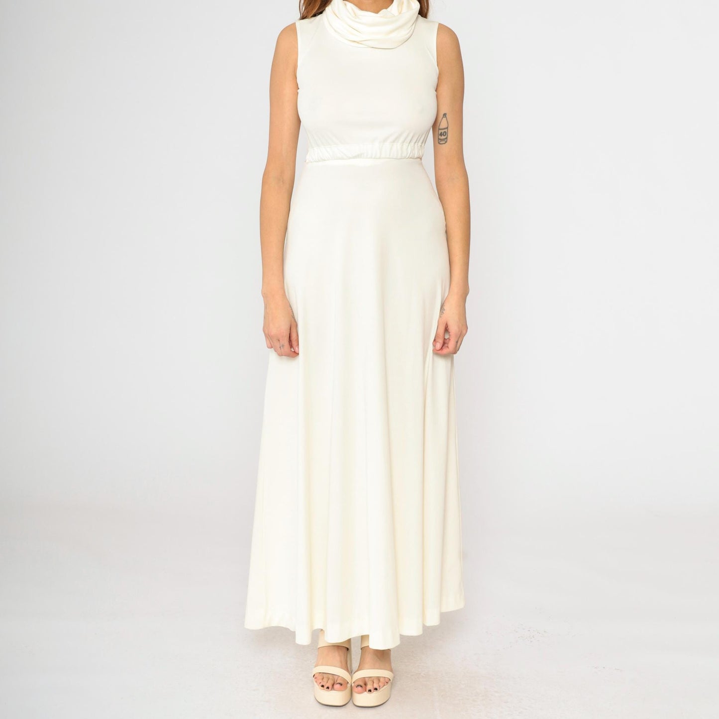 1970s White Maxi Dress Cowl Neck Cap Sleeve High Waist Grecian Gown Extra Small