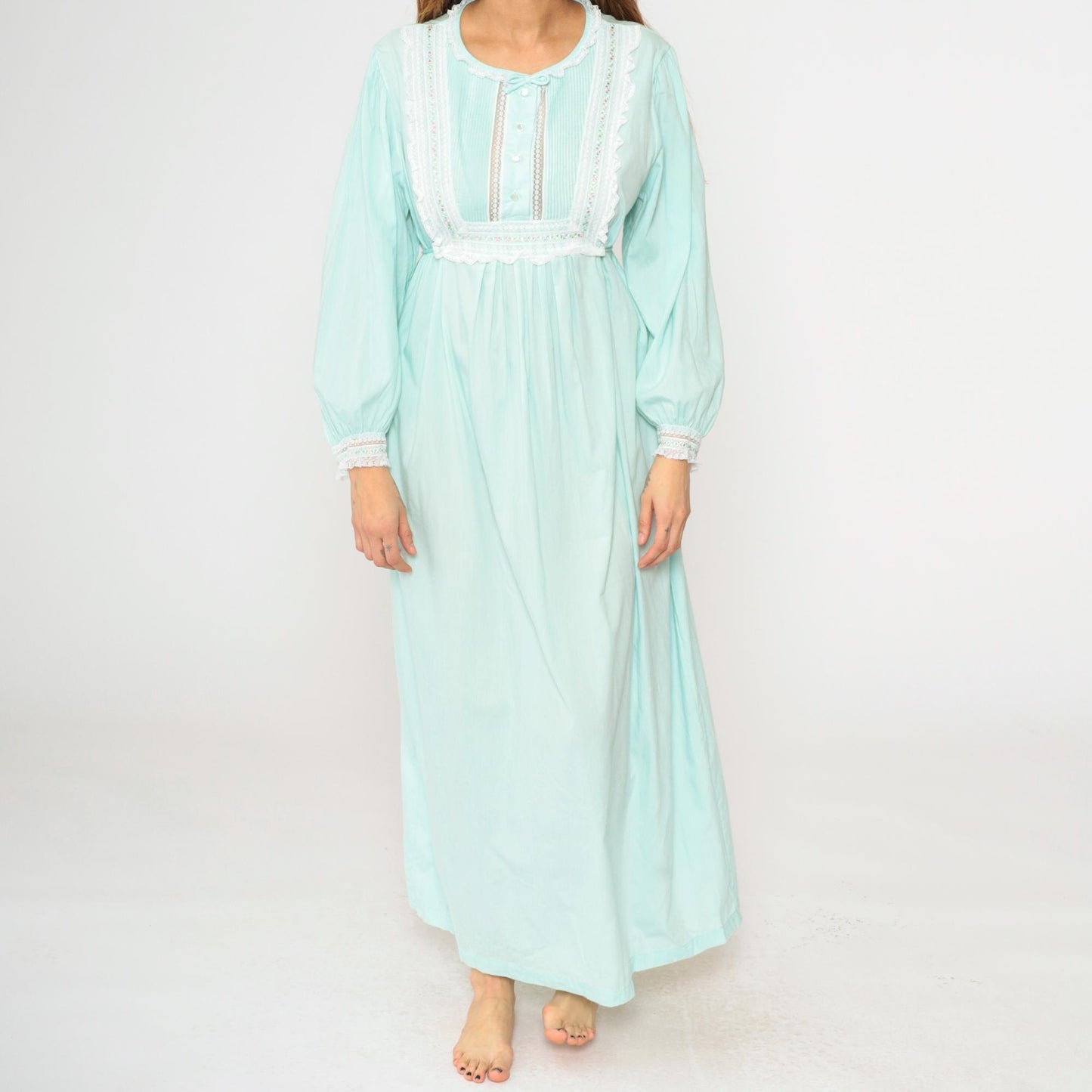 70s Barbizon Mint Blue Featherlite Maxi Nightgown Empire Waist Lace Medium