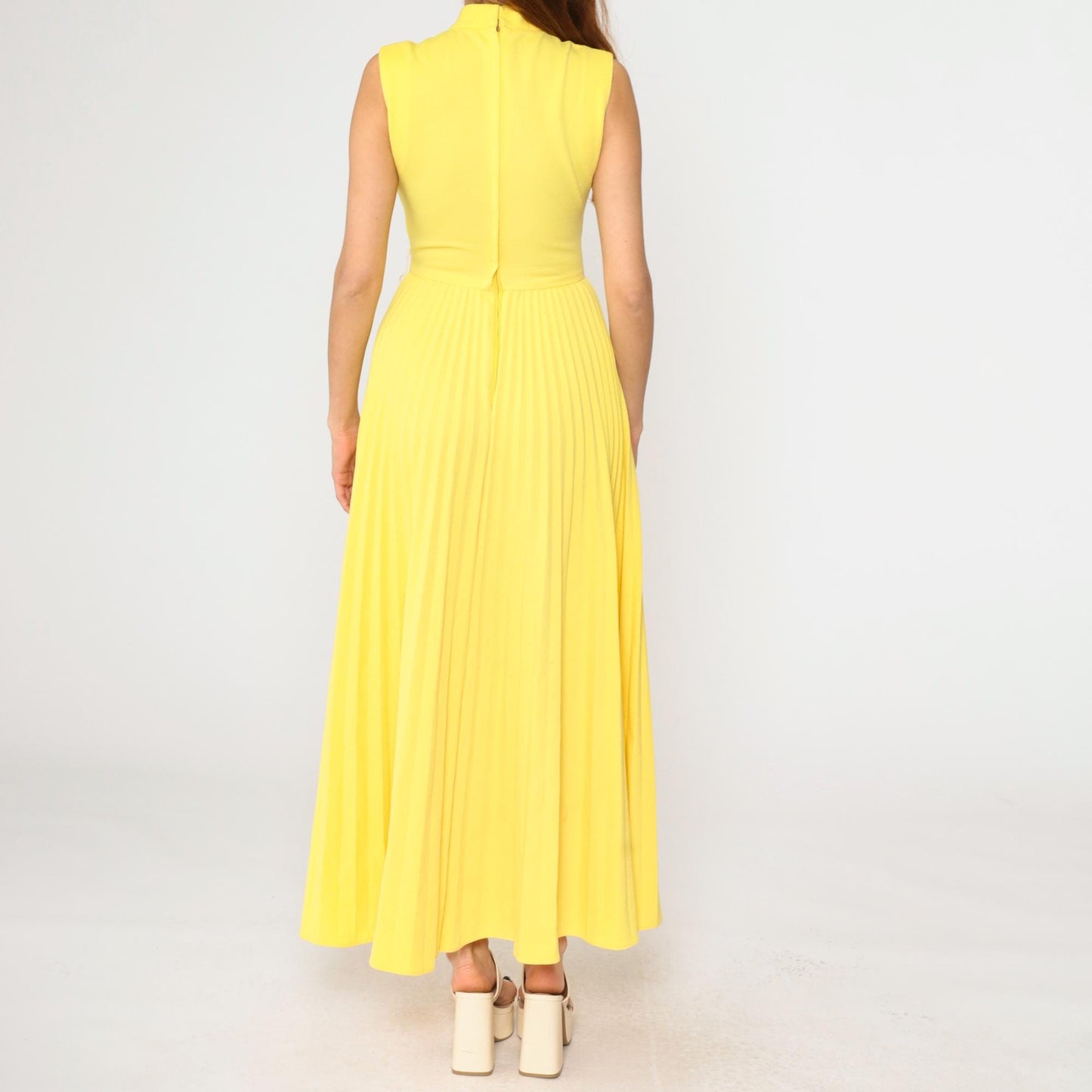 70s Yellow Pleated Maxi Dress Sleeveless High Waist Small S