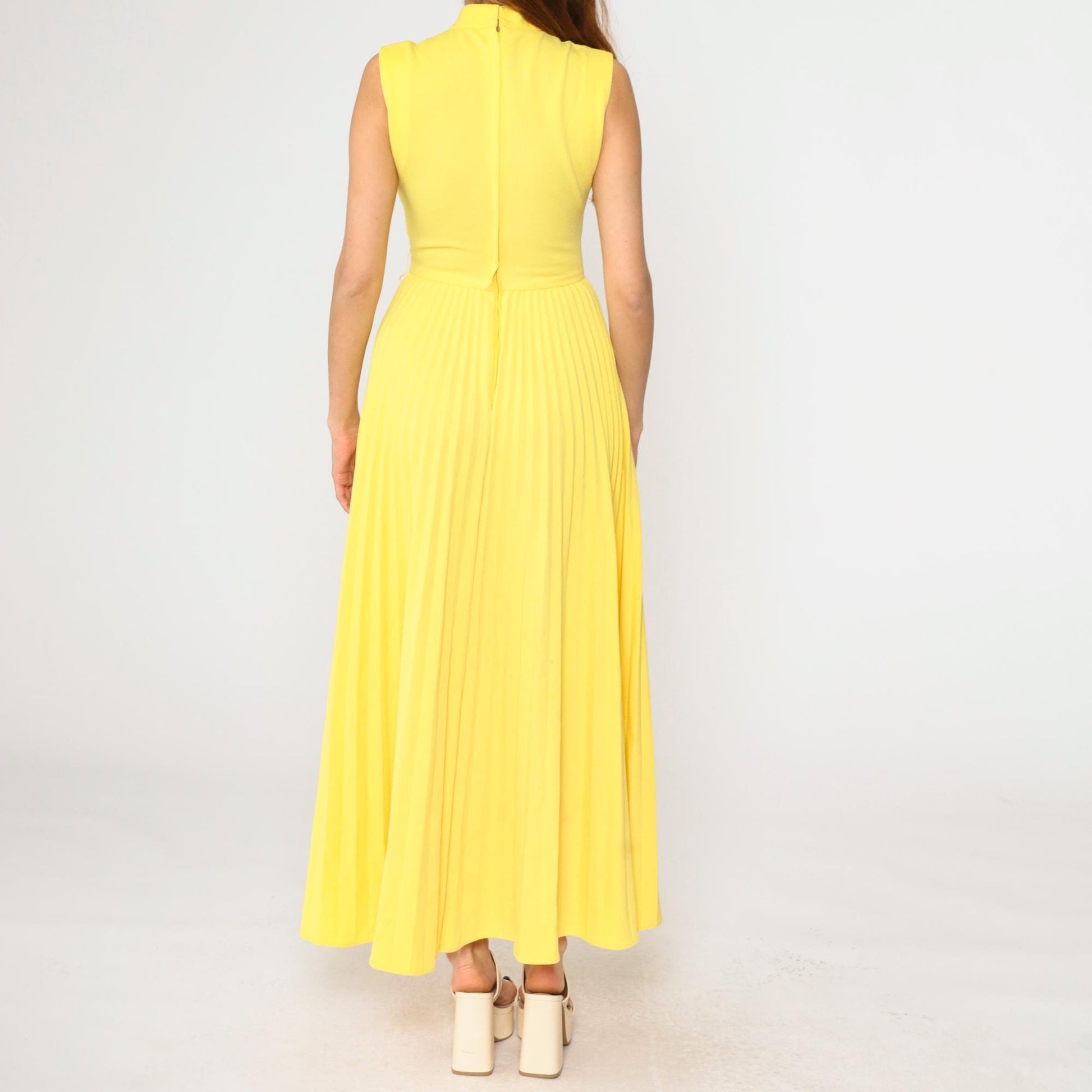 70s Yellow Pleated Maxi Dress Sleeveless High Waist Small S