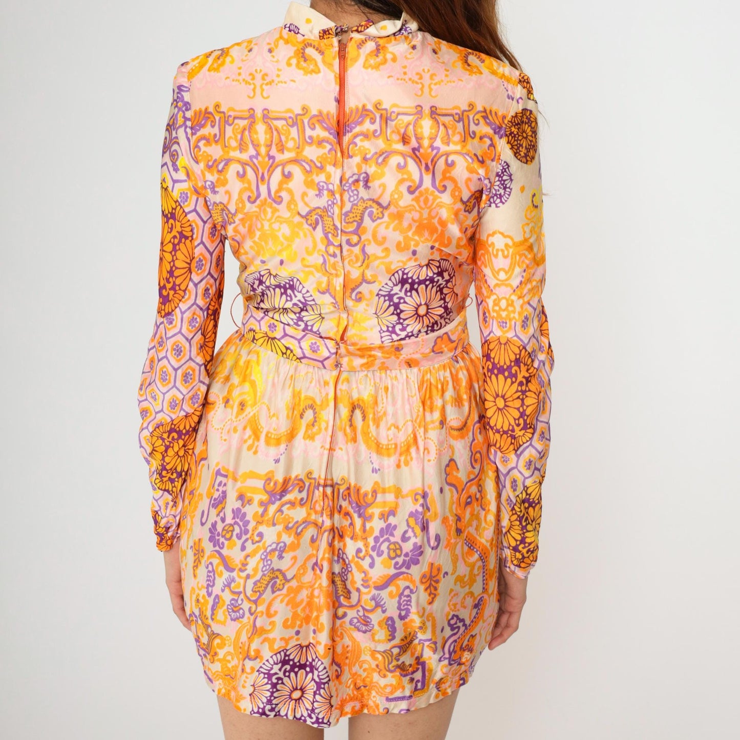 1960s Psychedelic Floral Mini Dress Mandarin Collar Long Sleeve Pink Orange Purple Small