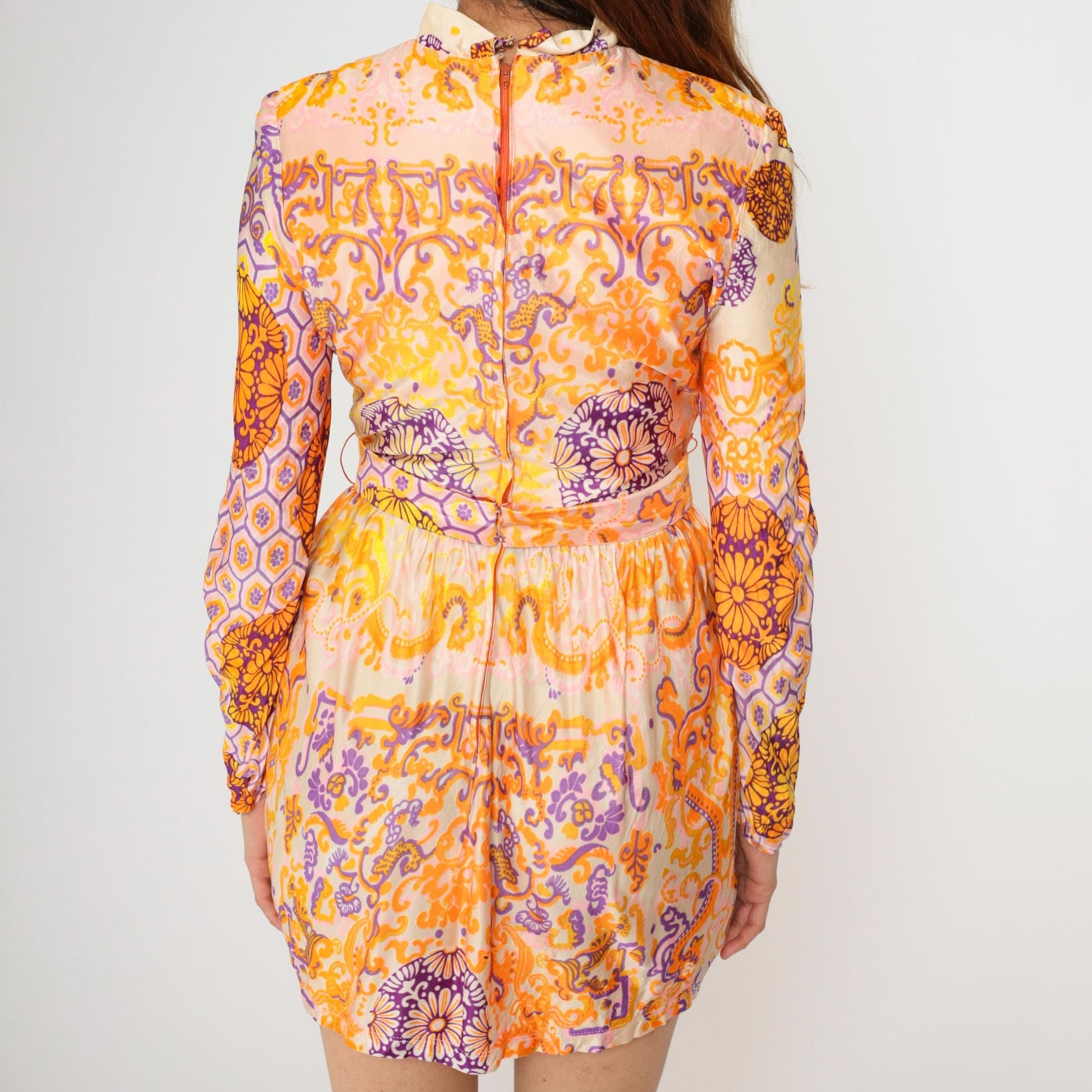 1960s Psychedelic Floral Mini Dress Mandarin Collar Long Sleeve Pink Orange Purple Small