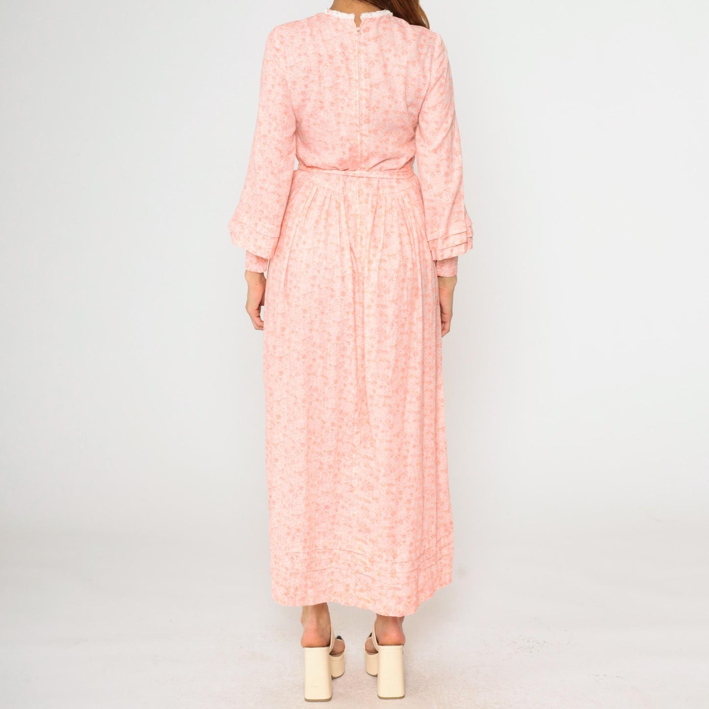 70s Peach Pink Floral Maxi Dress High Waist Long Sleeve Lace Trim Small