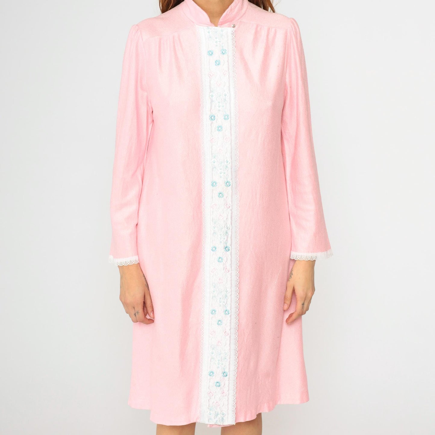 80s Baby Pink Floral Embroidered Nightgown Midi Lace Puff Sleeve Medium M