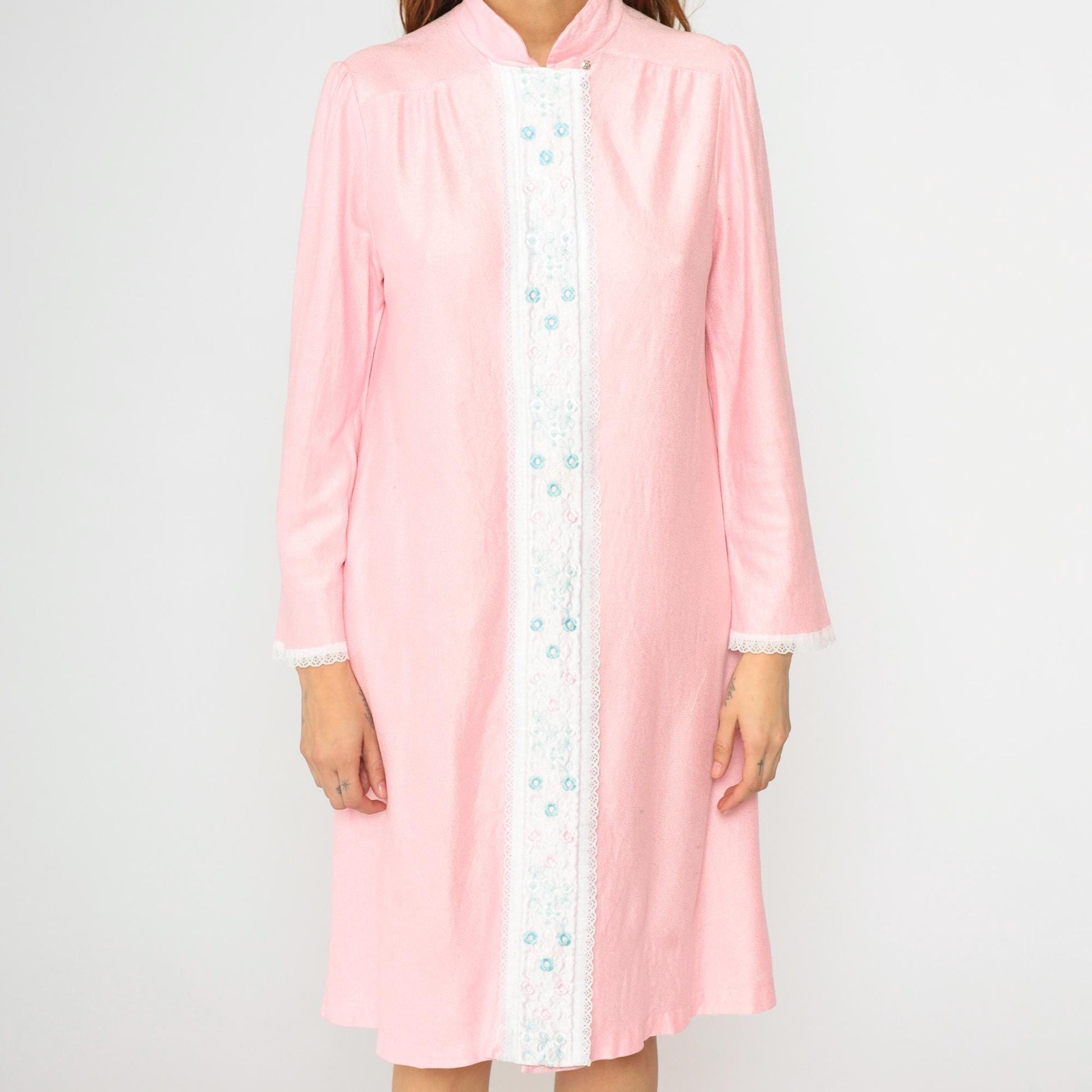 80s Baby Pink Floral Embroidered Nightgown Midi Lace Puff Sleeve Medium M
