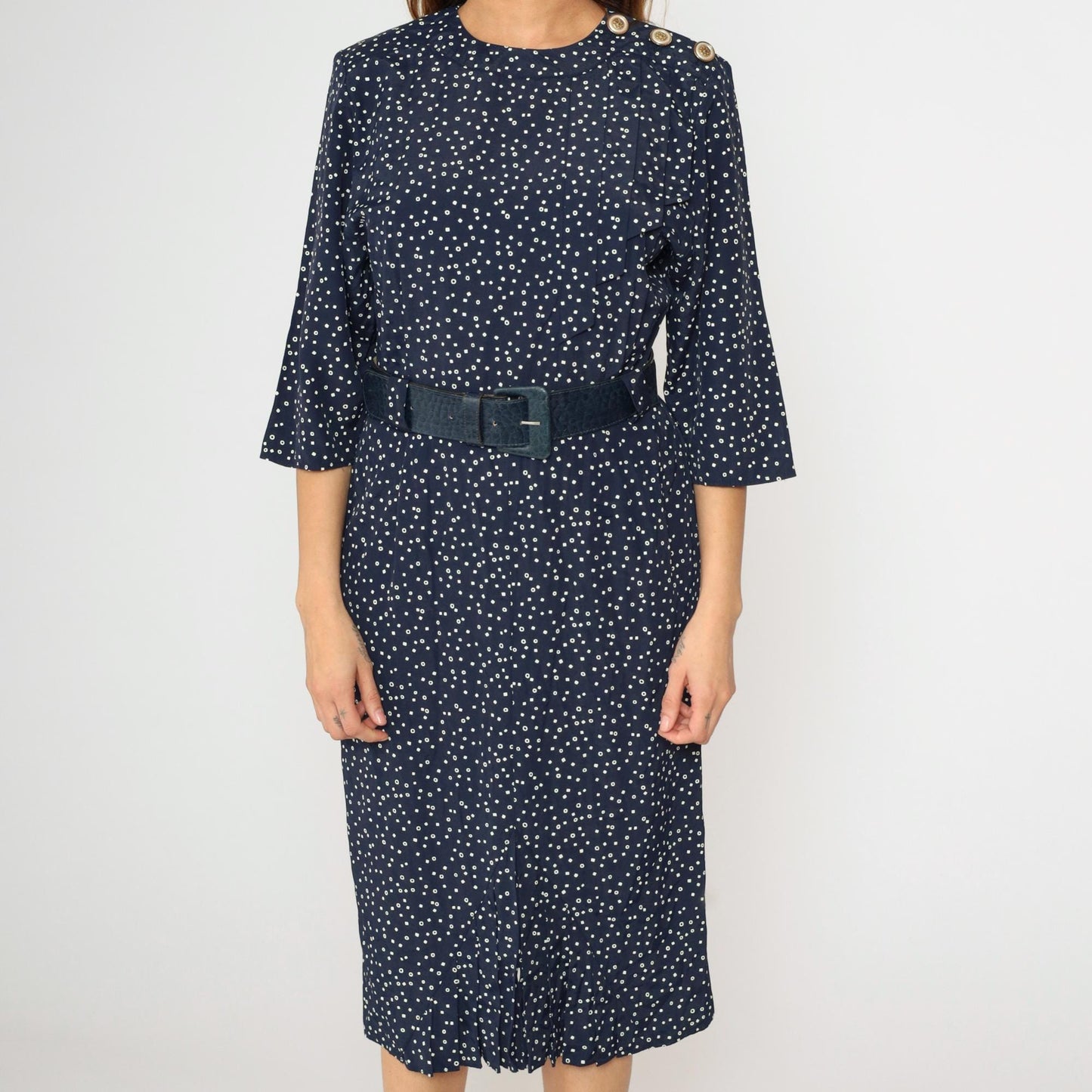 80s Navy Polka Dot Midi Dress Pleated Bodice High Waist Belted Small S