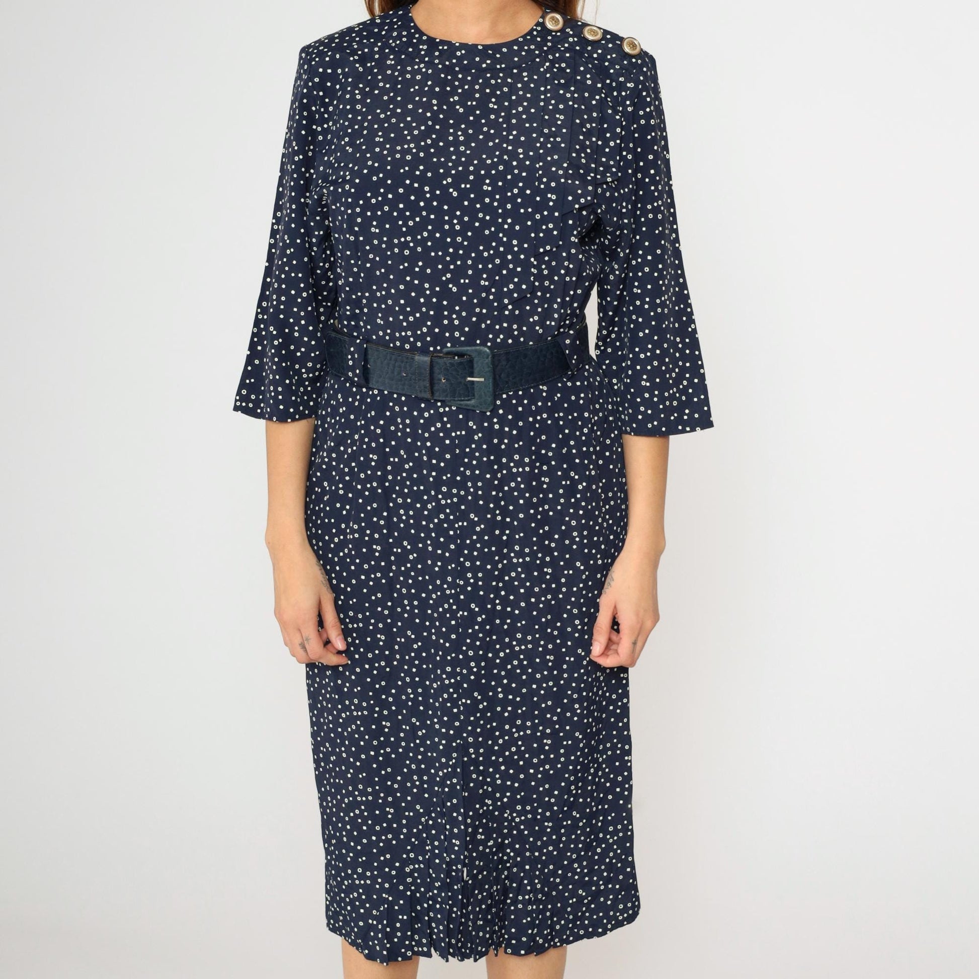 80s Navy Polka Dot Midi Dress Pleated Bodice High Waist Belted Small S