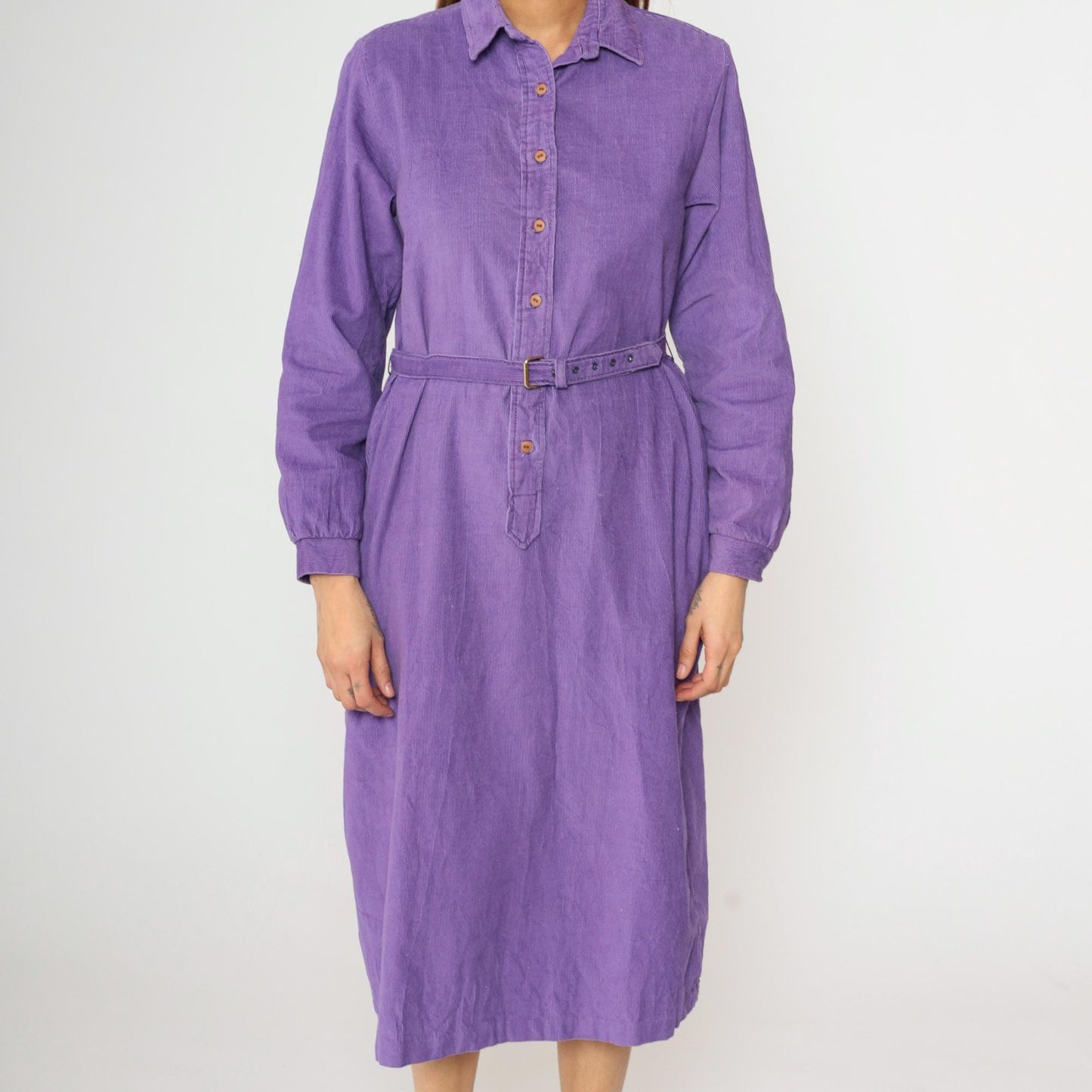 90s Purple Corduroy Midi Dress High Waisted Button Up Long Sleeve Medium M