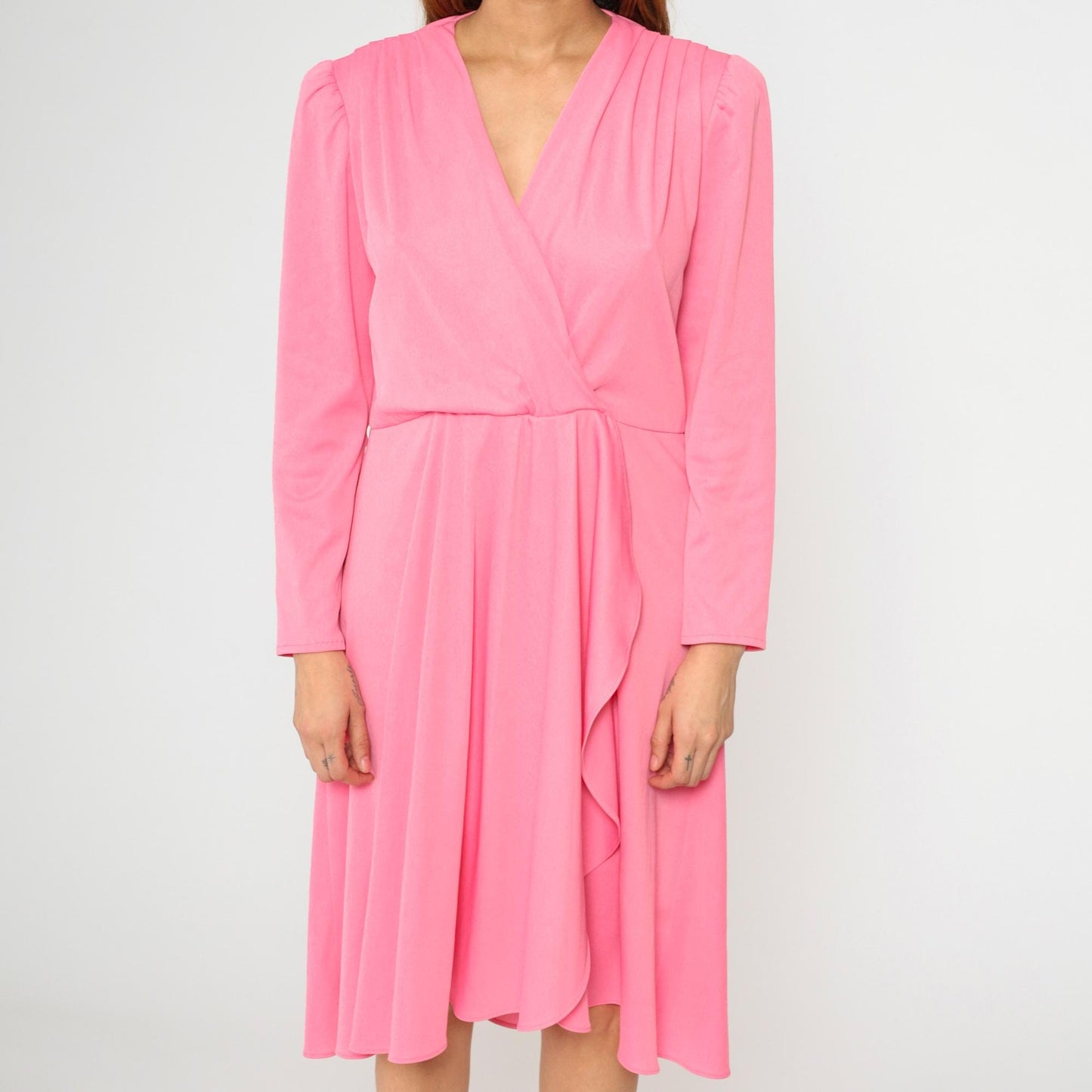 80s Pink Faux Wrap Midi Dress Deep V Puff Sleeve High Waist Extra Large