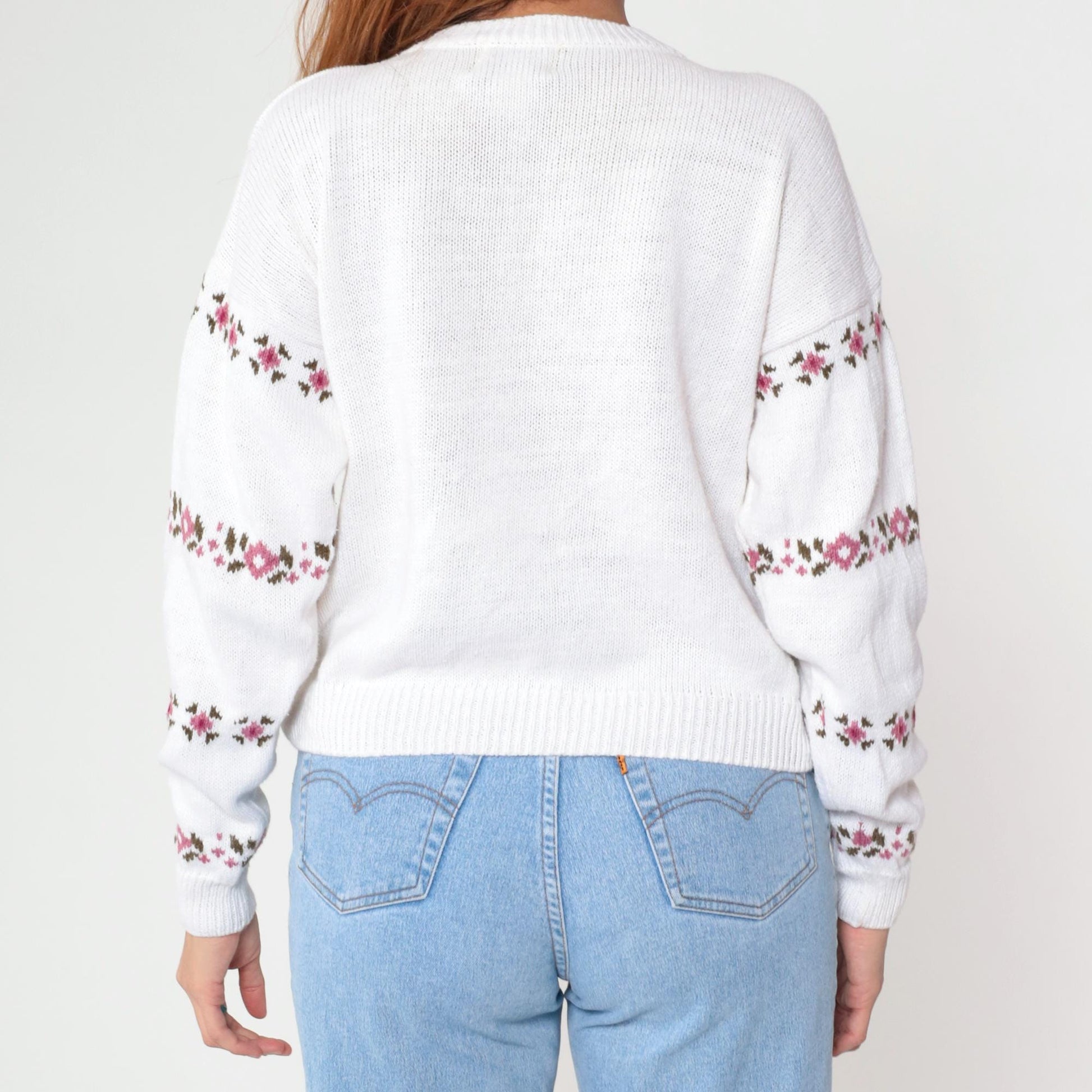 90s Ninon De Lendon Floral Cardigan White Cotton Ramie Knit Medium M