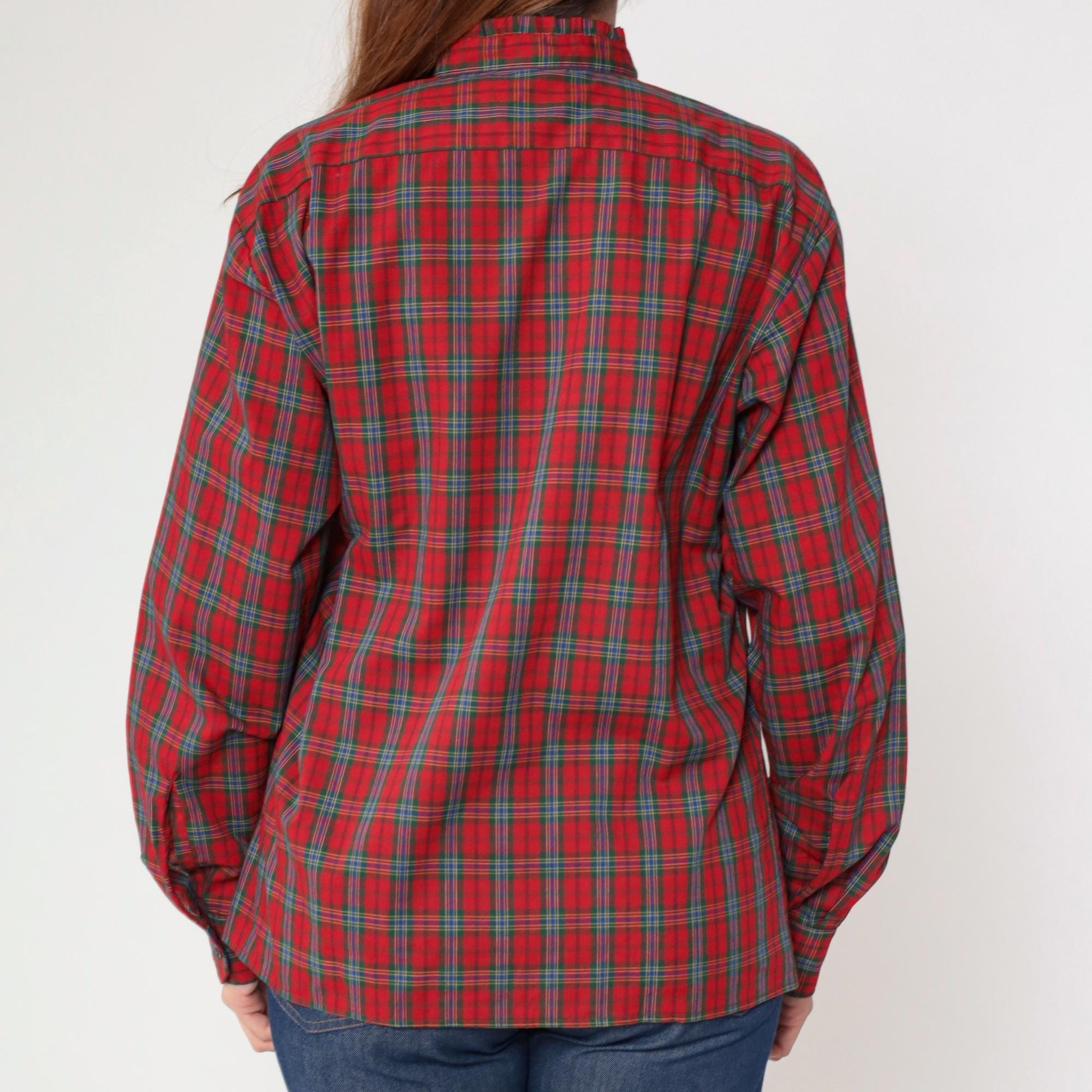 80s Red Plaid Button-Up Blouse Ruffled Collar Long Sleeve Medium M