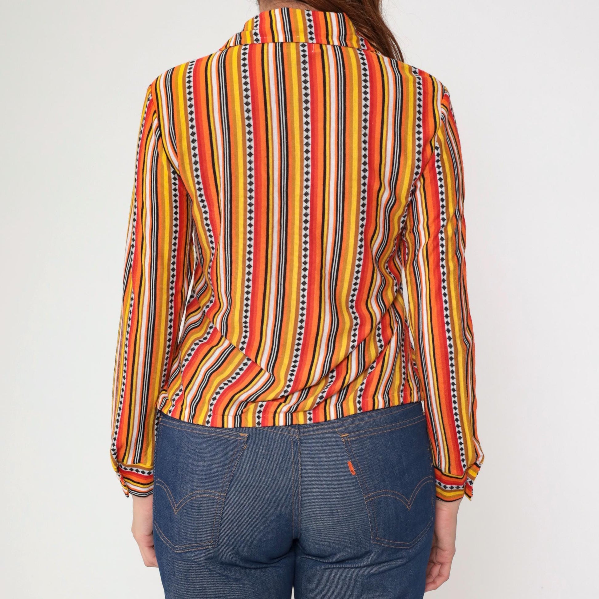 70s Orange Yellow Red Striped Button-Up Shirt Dagger Collar Long Sleeve Small