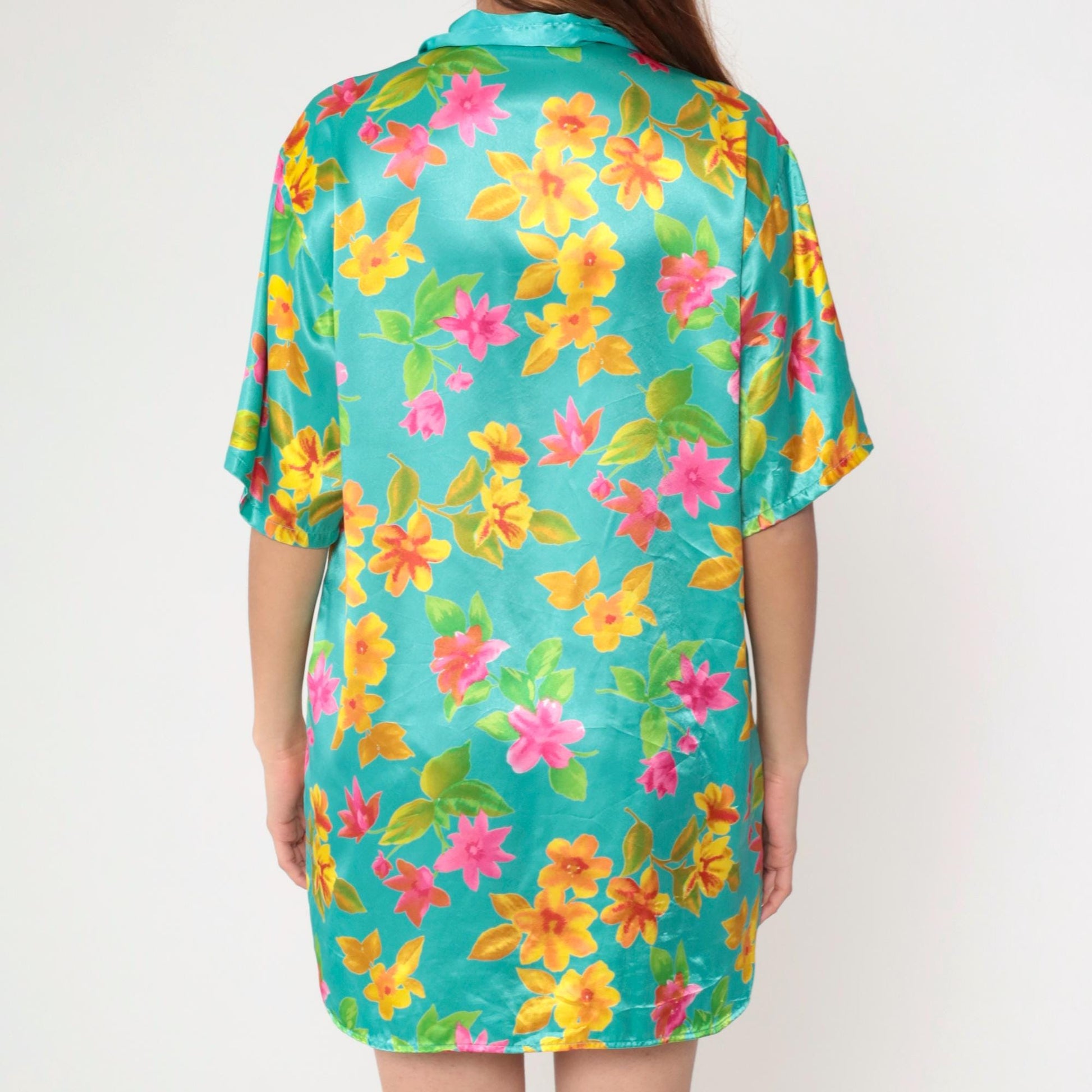 90s Victoria's Secret Aqua Floral Satin Nightgown Button-Up Mini Medium M