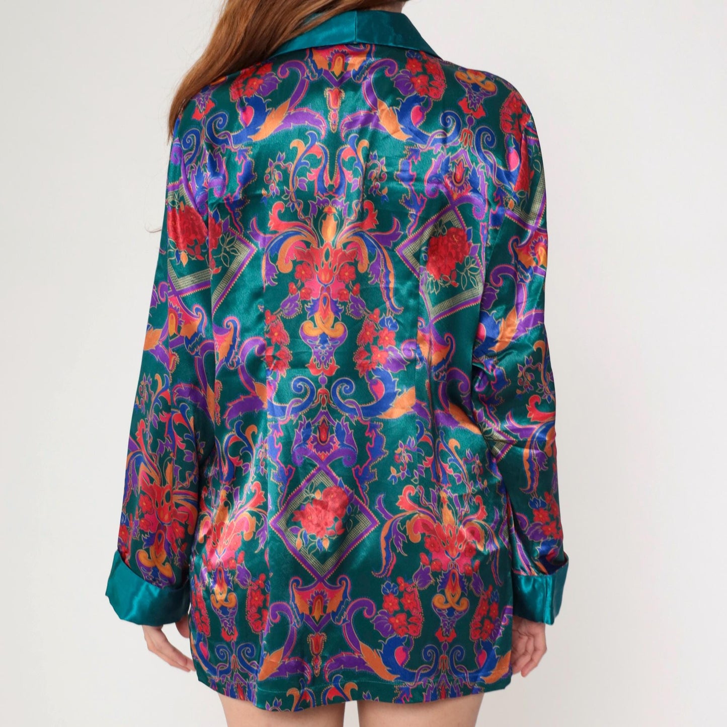 90s Victoria's Secret Teal Satin Pajama Top Baroque Floral Double Breasted Medium