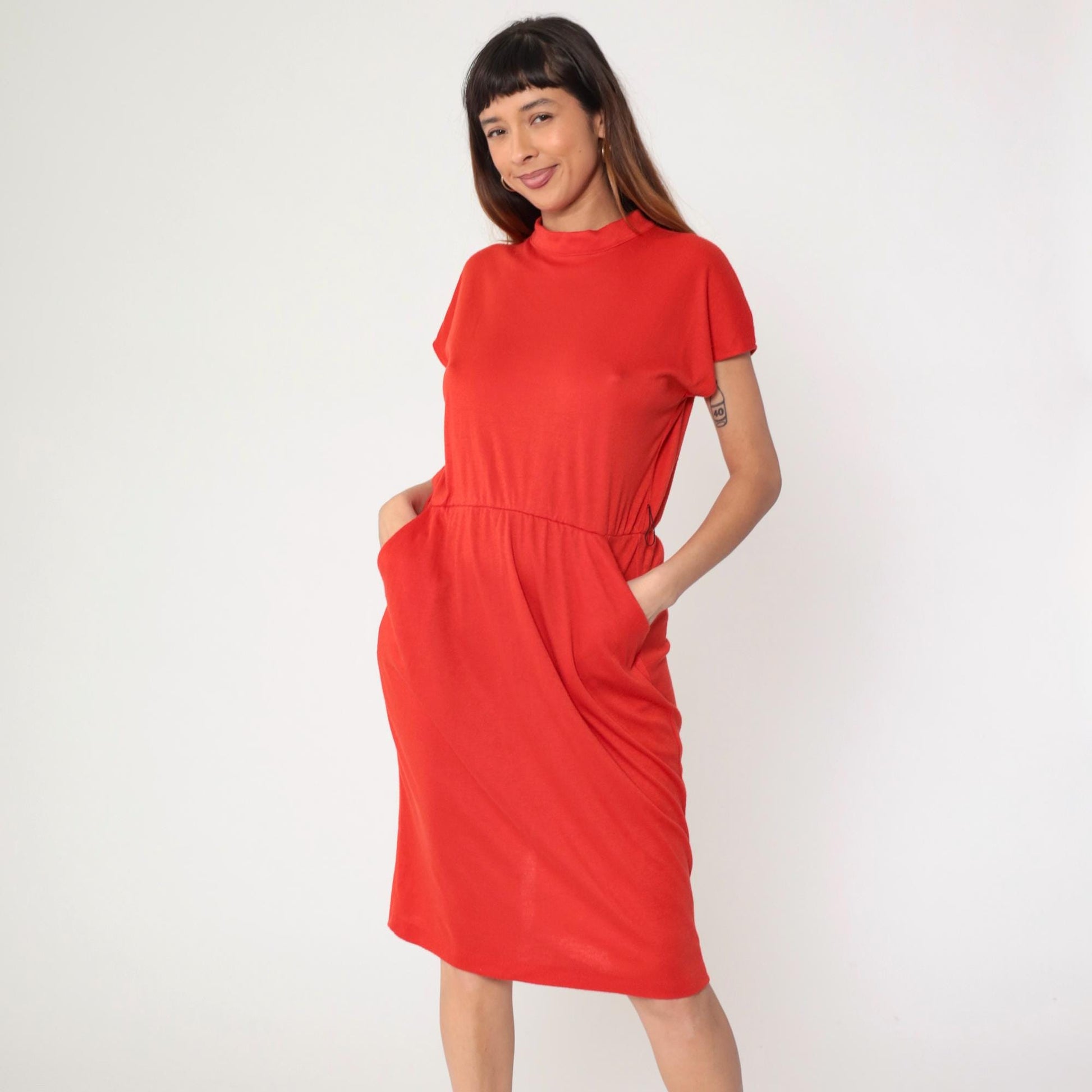 80s Red Pencil Dress with Black Patent Belt Mock Neck Medium M