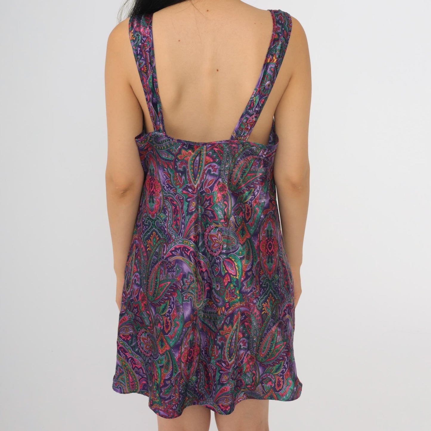 90s Purple Paisley Satin Slip Dress Keyhole V-Neck Mini Chemise Medium