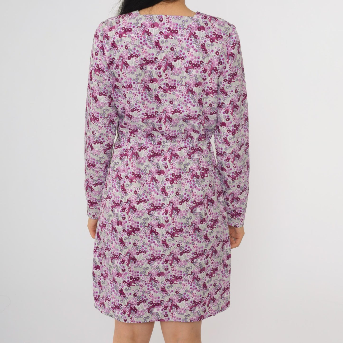 70s Purple Floral Abstract Mini Dress Long Sleeve High Waist Square Neck Small