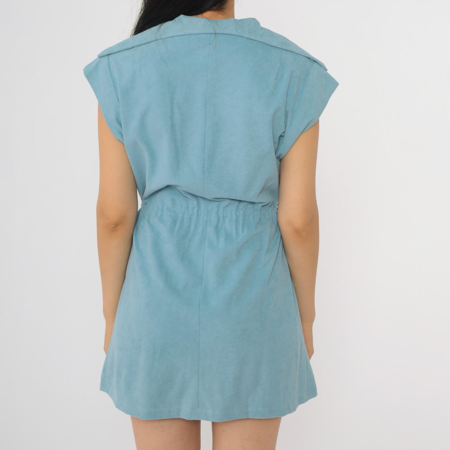 70s Blue Velour Mini Dress Asymmetrical Pearl Buttons Cap Sleeve Medium M