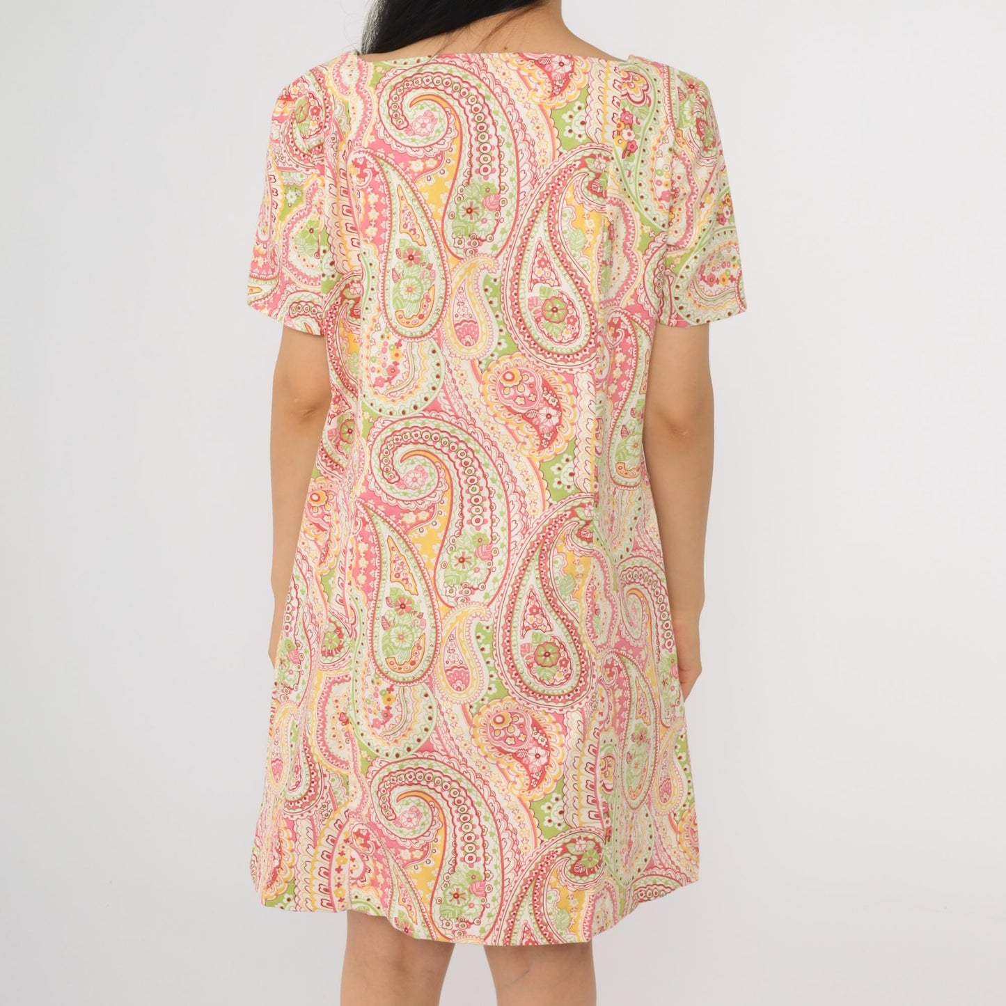 90s Paisley Mini Dress Psychedelic Print Asymmetrical Button Shift Medium Large