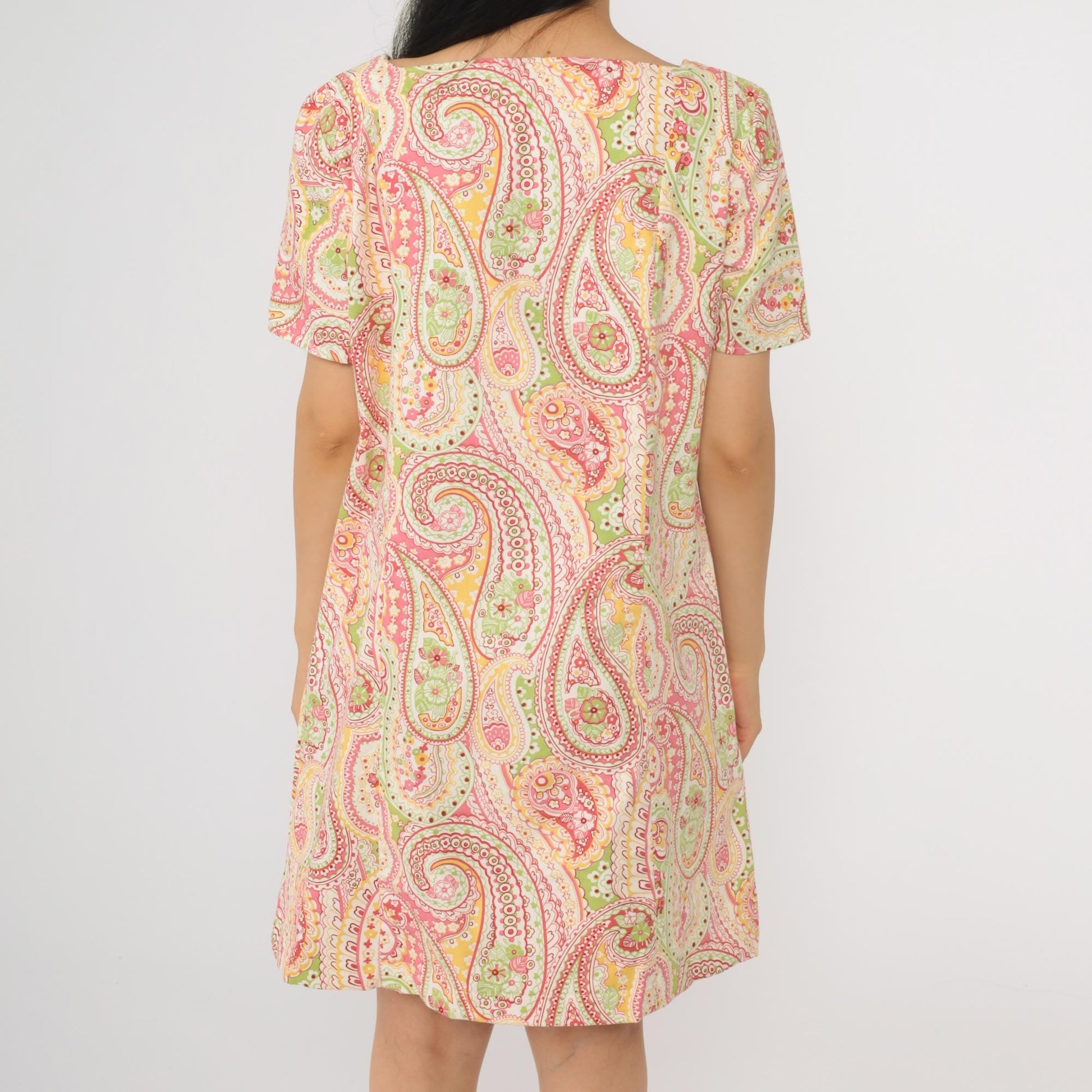 90s Paisley Mini Dress Psychedelic Print Asymmetrical Button Shift Medium Large