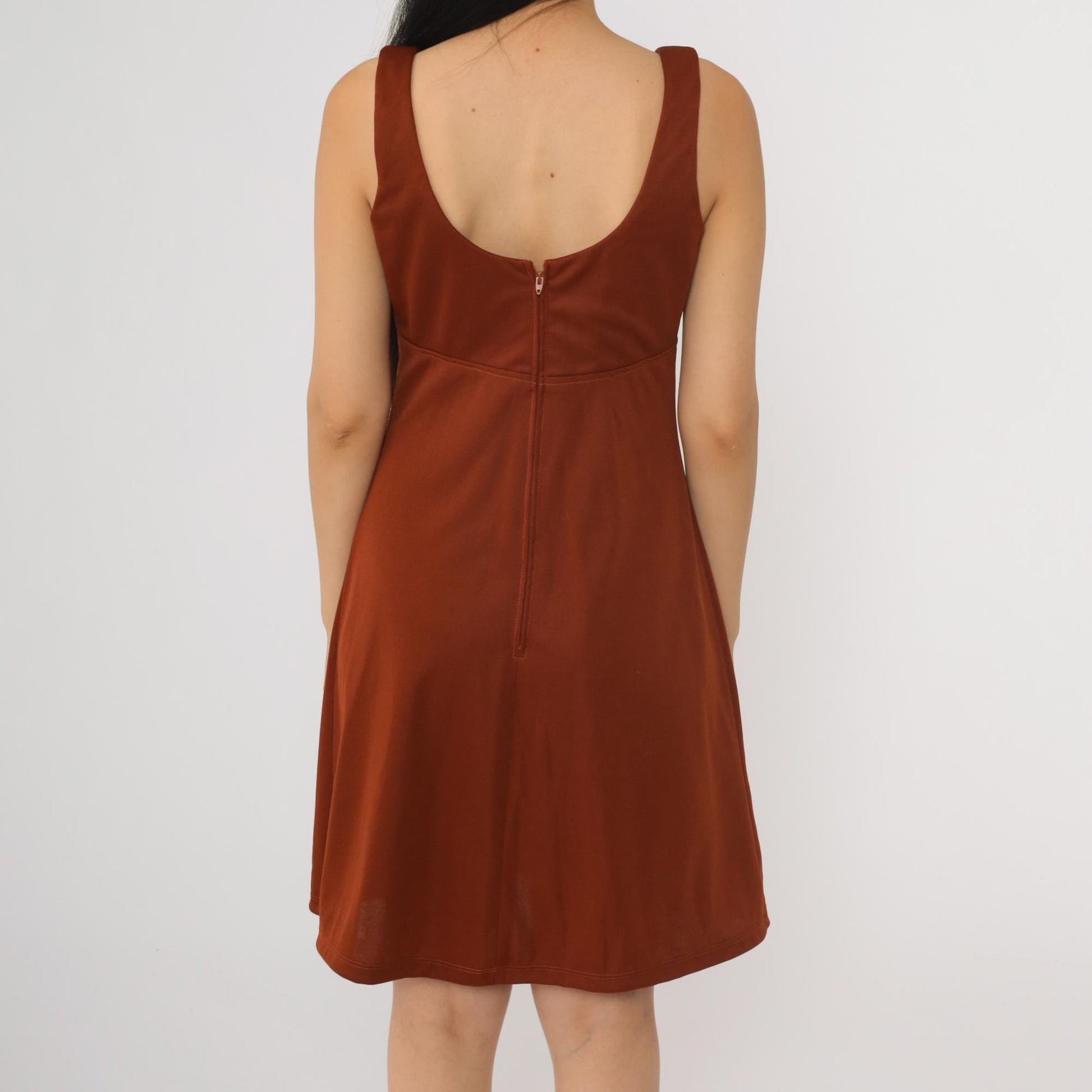 1970s Rust Brown Babydoll Mini Dress Empire Waist Scoop Neck Sleeveless Small