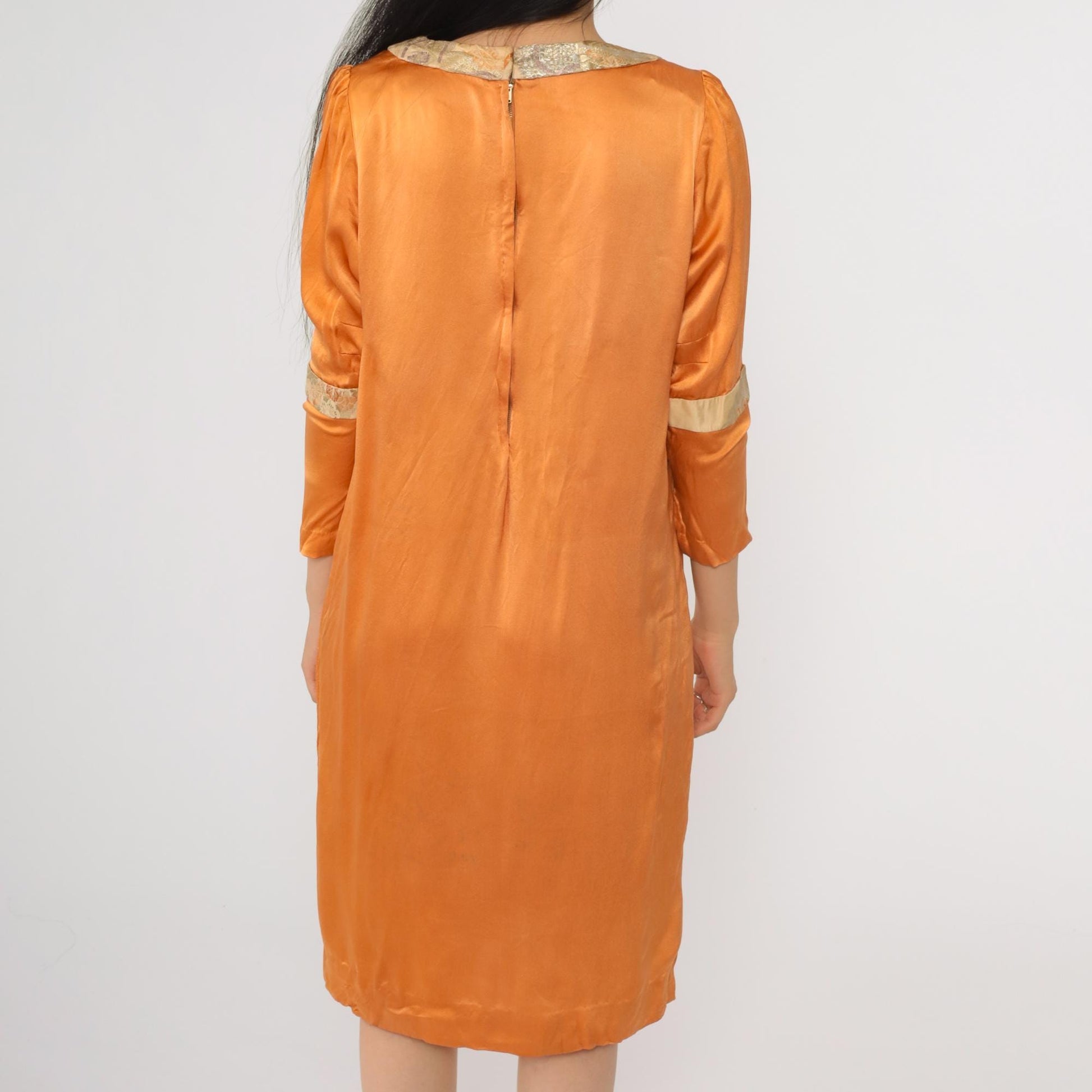 70s Orange Satin Midi Dress Floral Brocade Trim Tie Waist Puff Sleeve Small