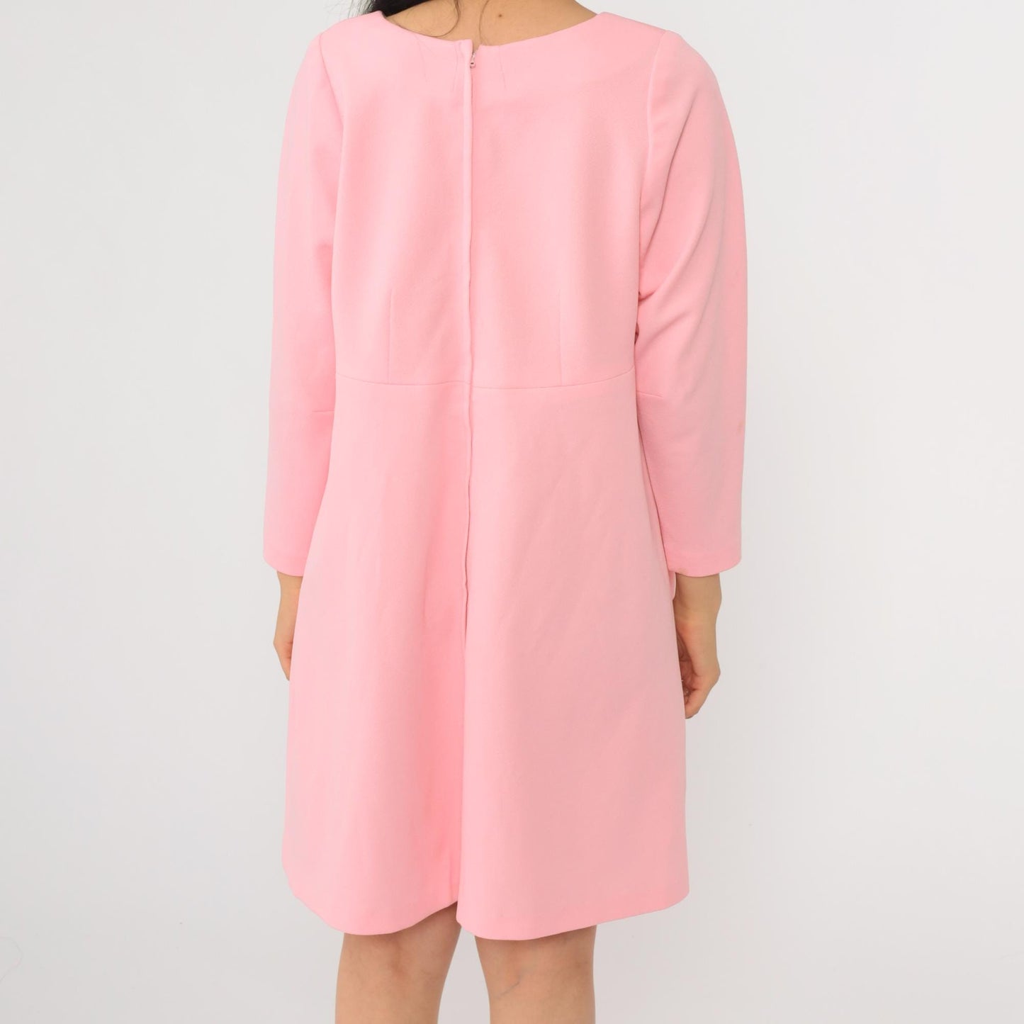 70s Pink Empire Waist Mini Dress Long Sleeve Flared Skirt Medium M