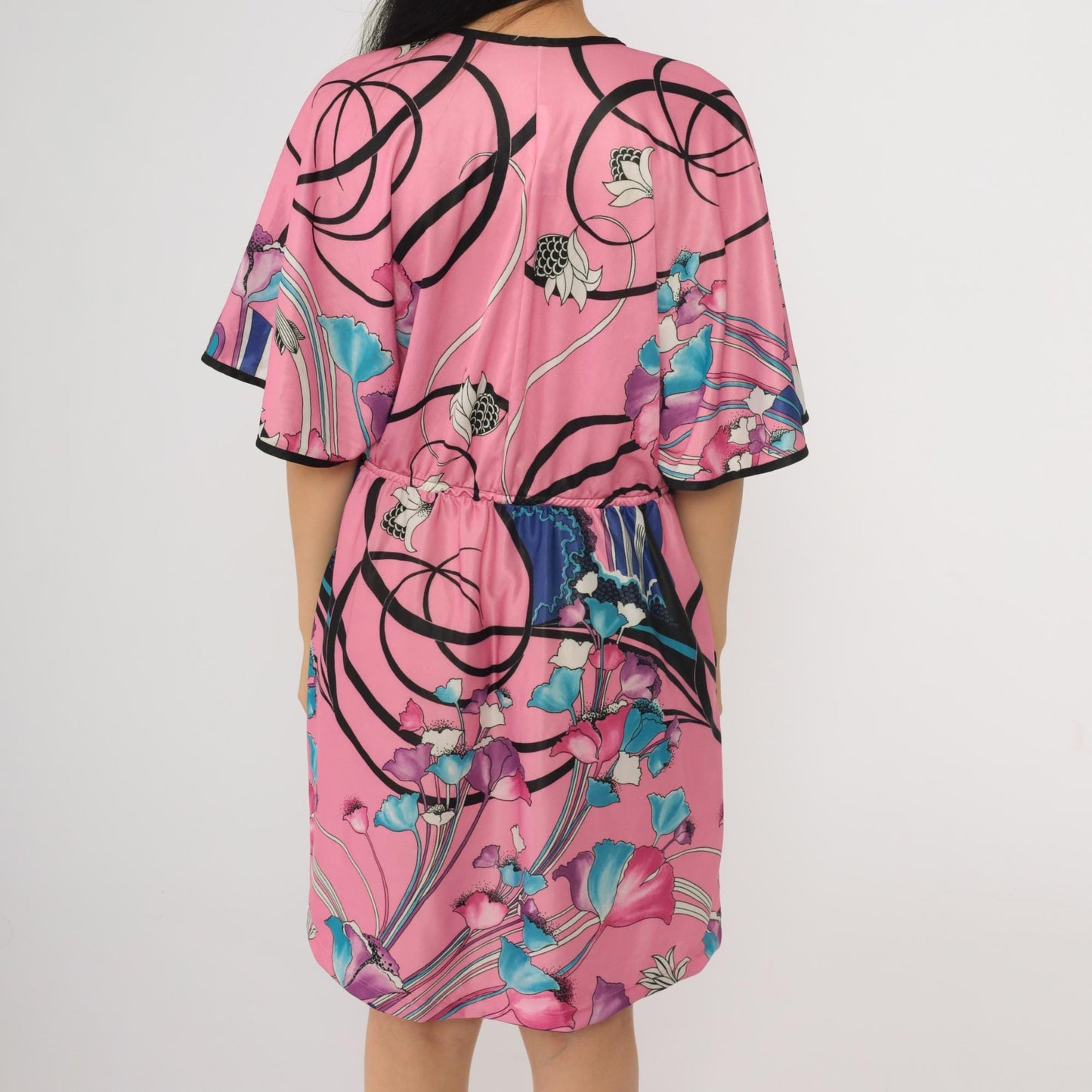 70s Pink Floral Mini Dress V Neck Flutter Sleeve High Waist Zip Front Medium
