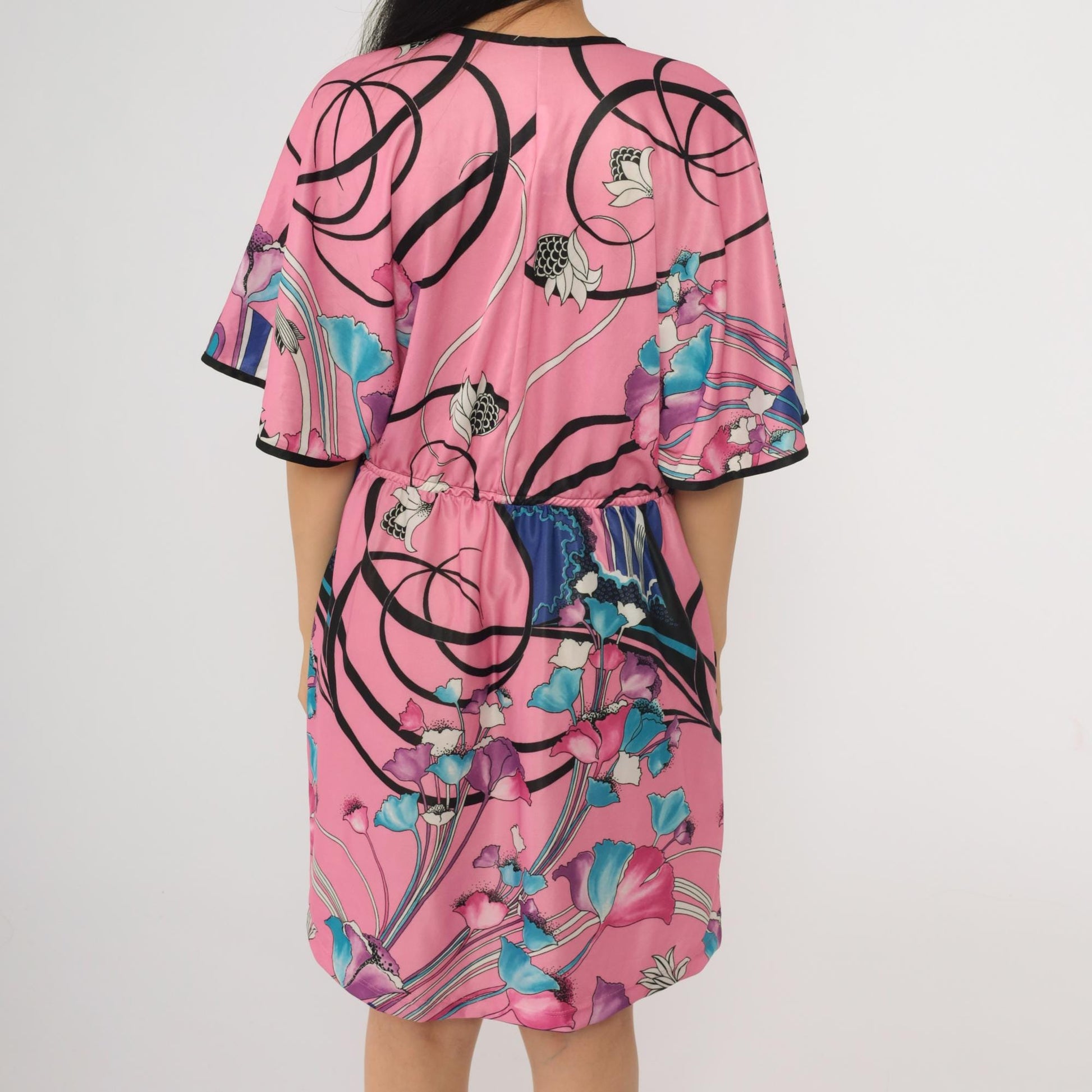 70s Pink Floral Mini Dress V Neck Flutter Sleeve High Waist Zip Front Medium