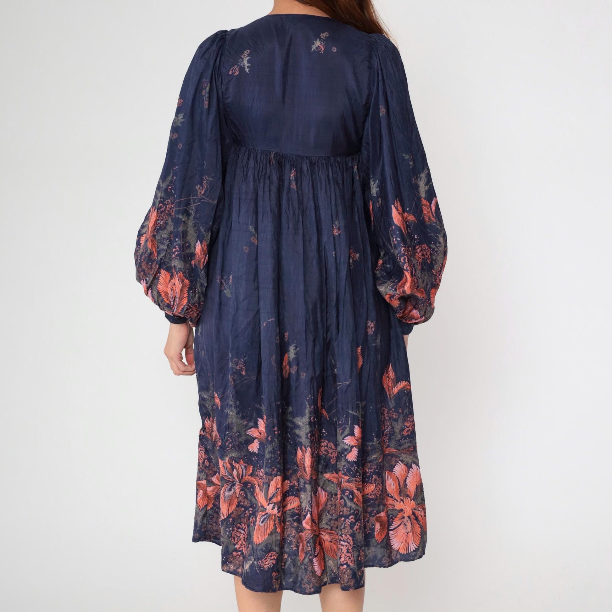70s Phool Silk Dress Navy Blue Floral Block Print Empire Waist Midi Small