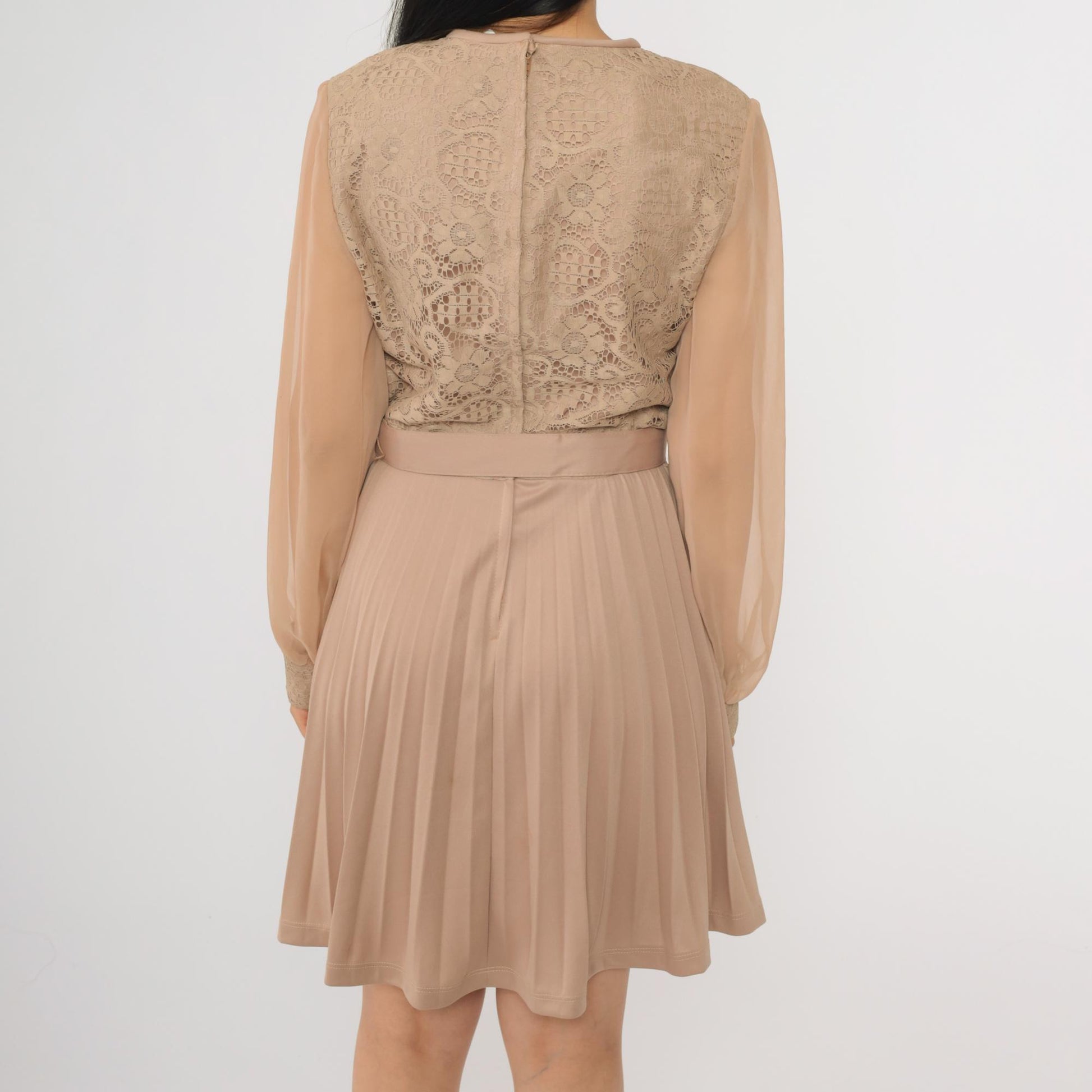 70s Taupe Lace Crochet Mini Dress High Waist Pleated Chiffon Sleeve Small