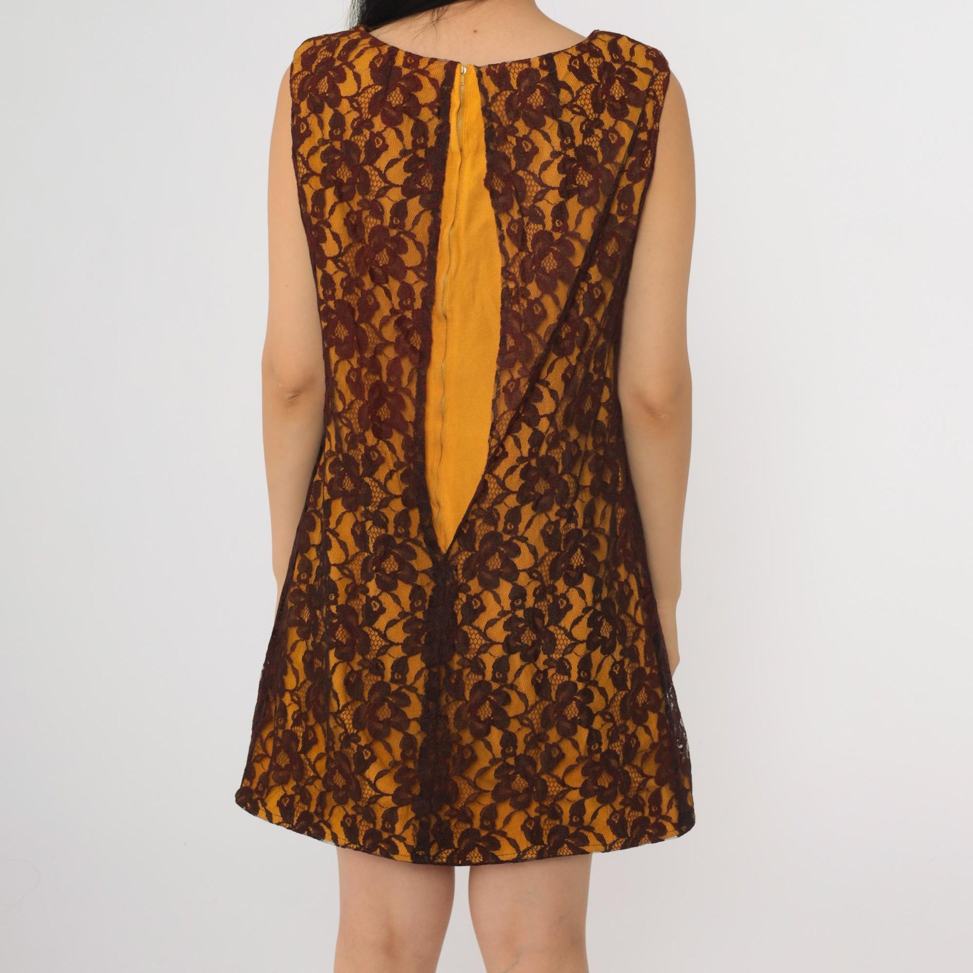 60s Orange Lace Cocktail Dress Shift Sleeveless Mini Small S