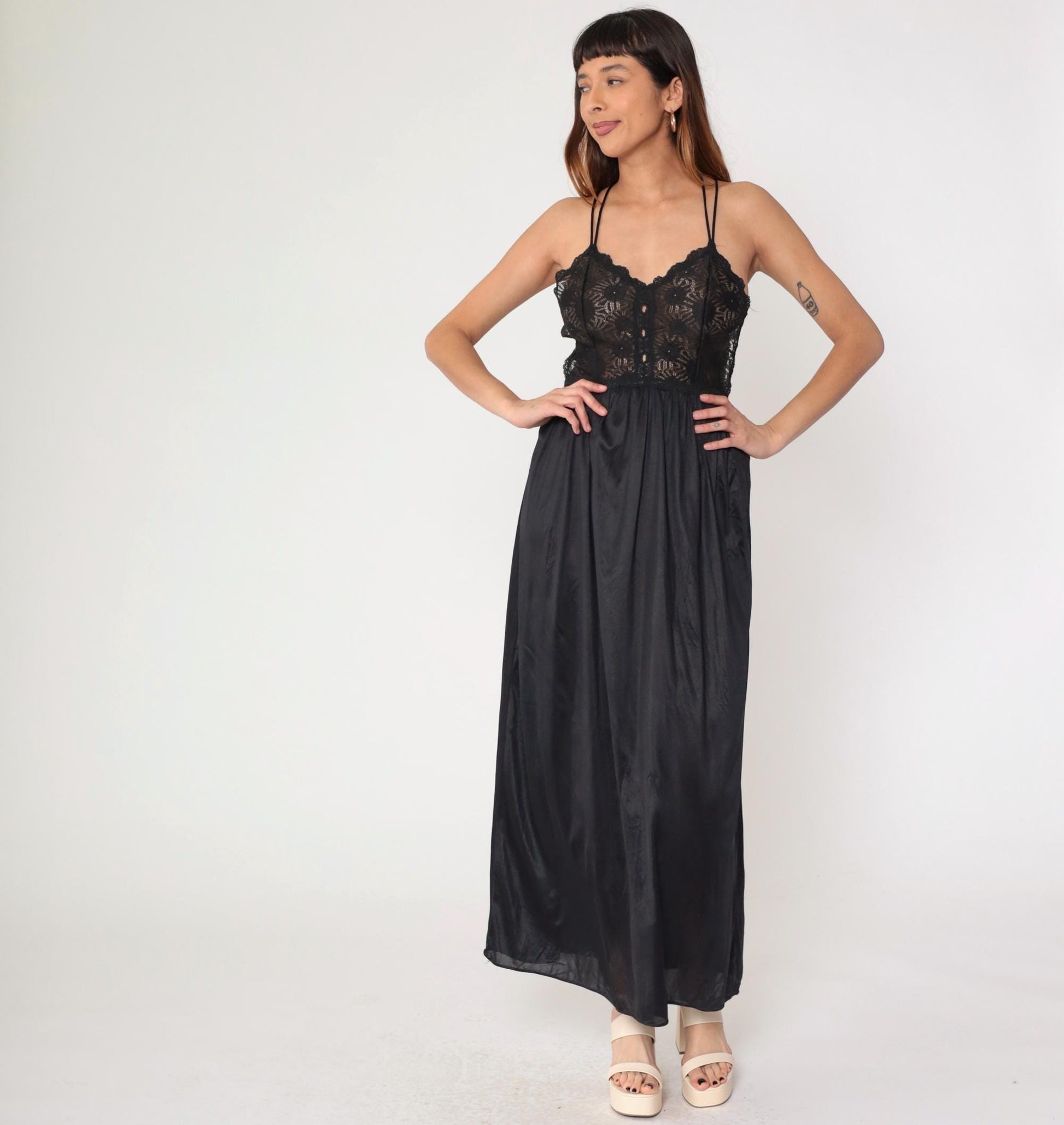 80s Black Lace Nylon Slip Dress Maxi Sweetheart Neckline Spaghetti Strap Small