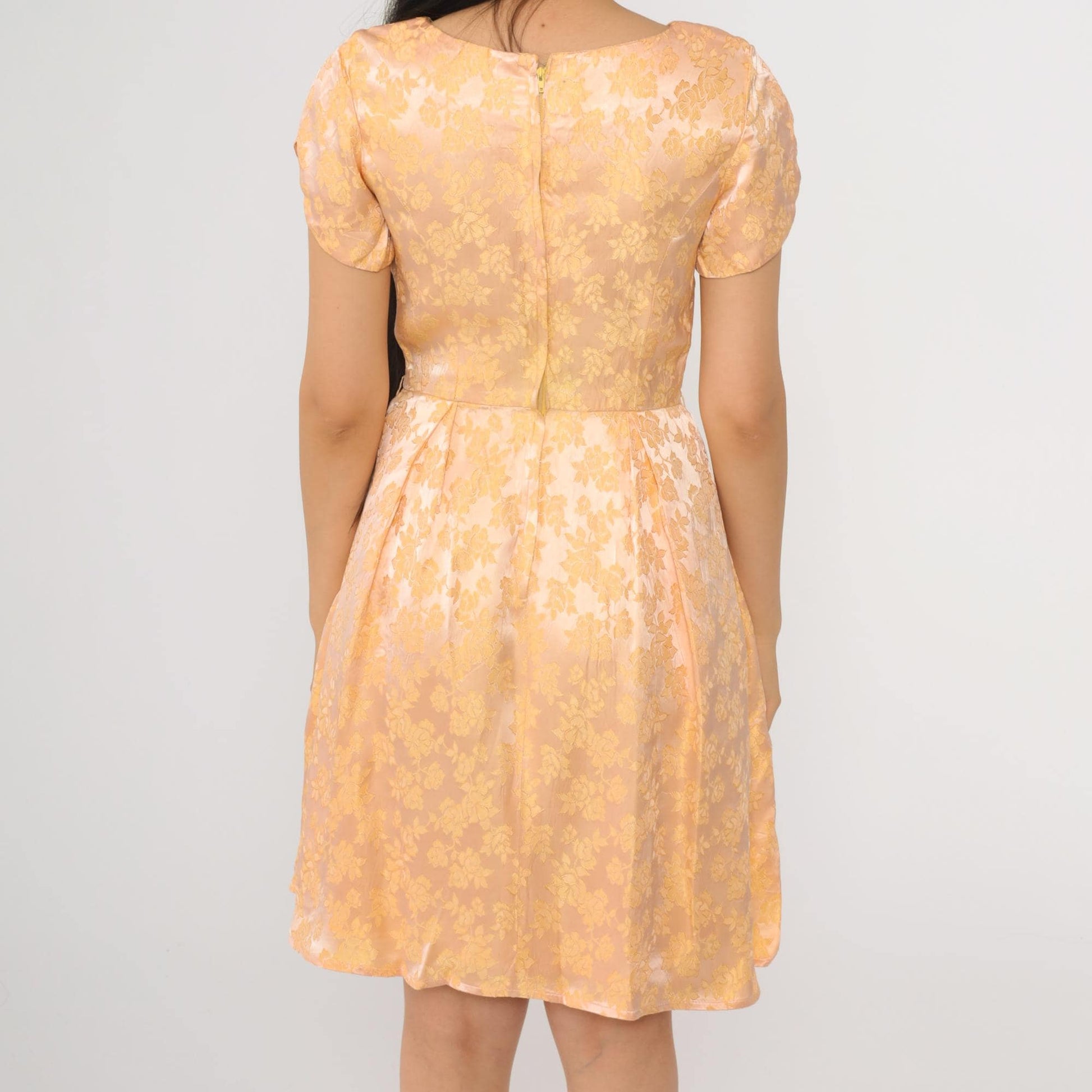 1960s Peach Yellow Floral Jacquard Party Dress Tulip Sleeve Mini Extra Small