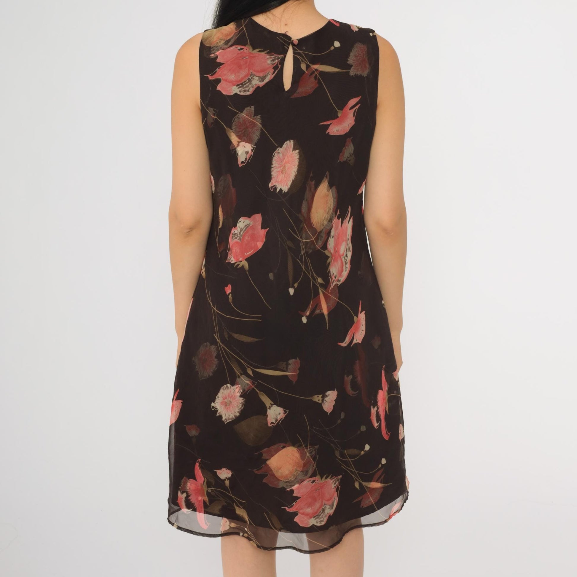 90s Jessica Howard Brown Floral Chiffon Midi Dress Sleeveless Medium M