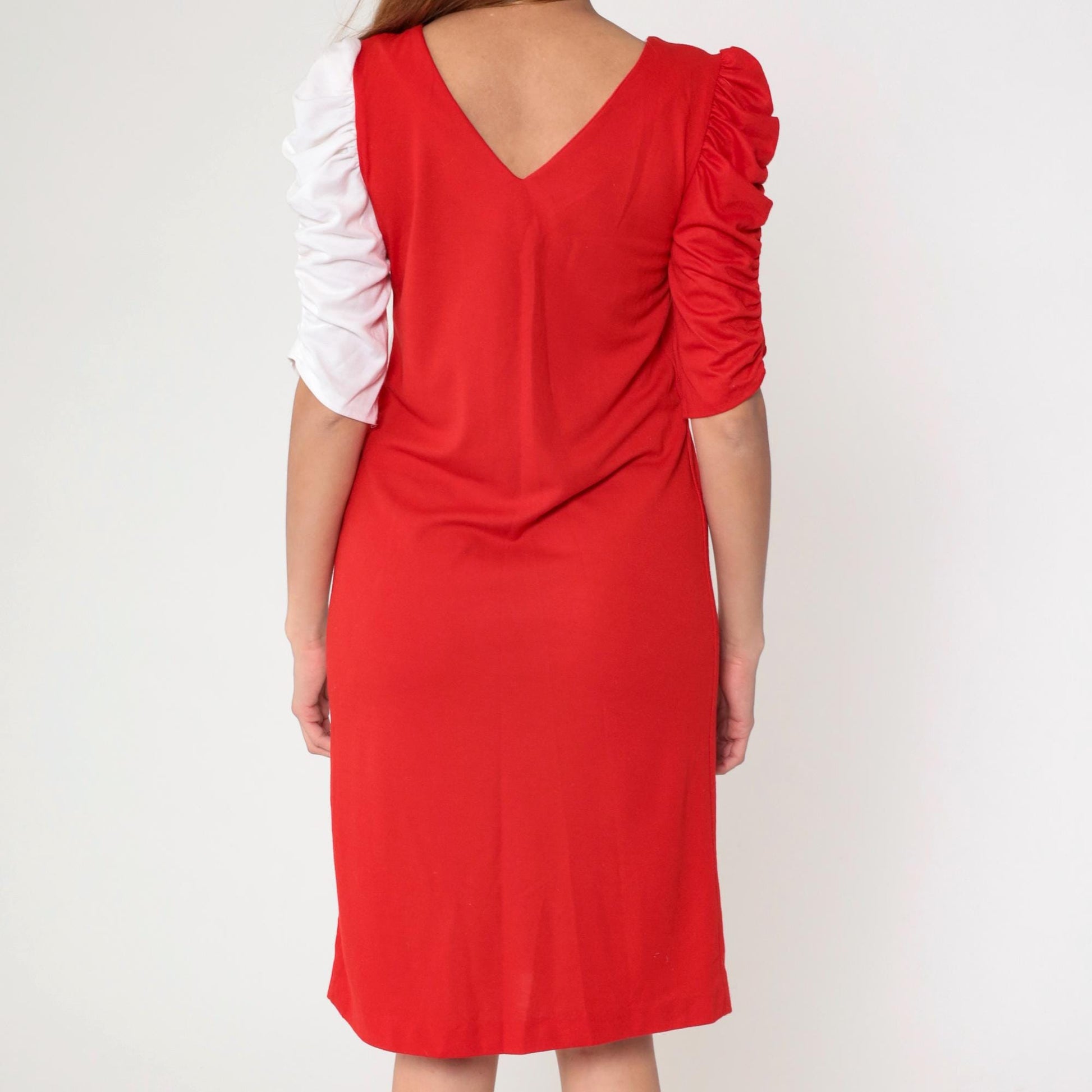 80s Color Block Red White Knee-Length Dress Puff Sleeve Sheath Small