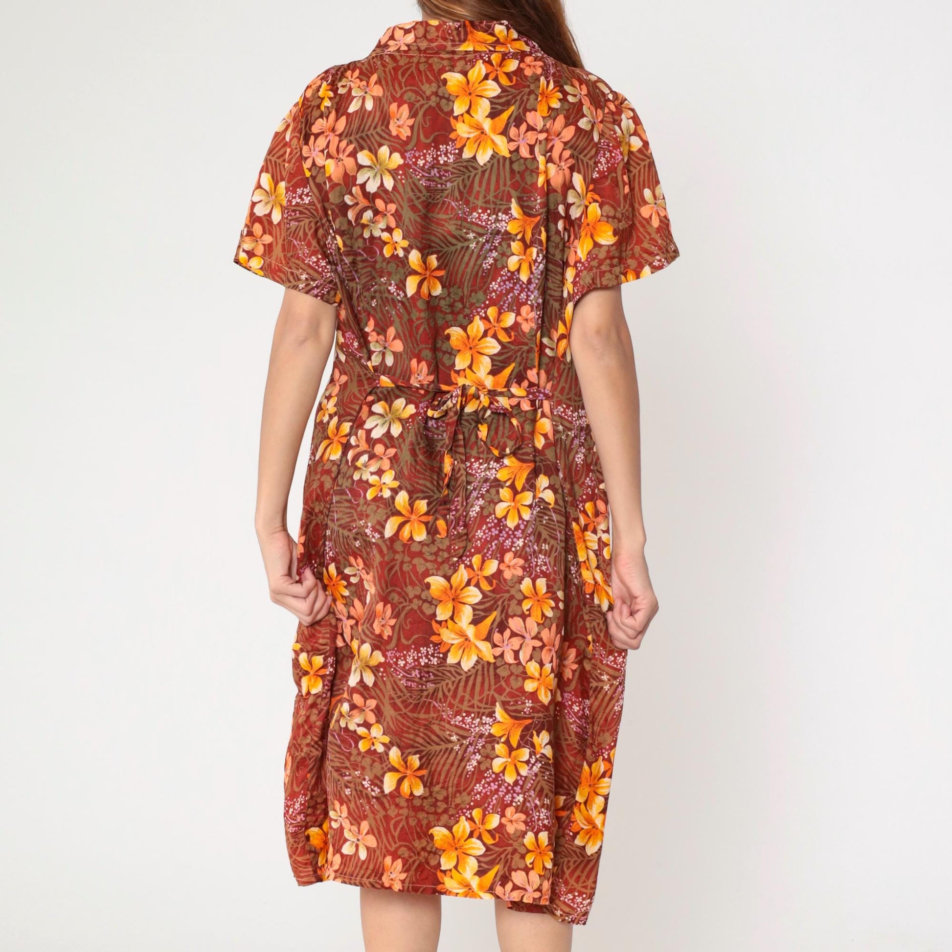 70s Floral Hawaiian Shift Dress Orange Tropical Button-Up Midi Extra Large