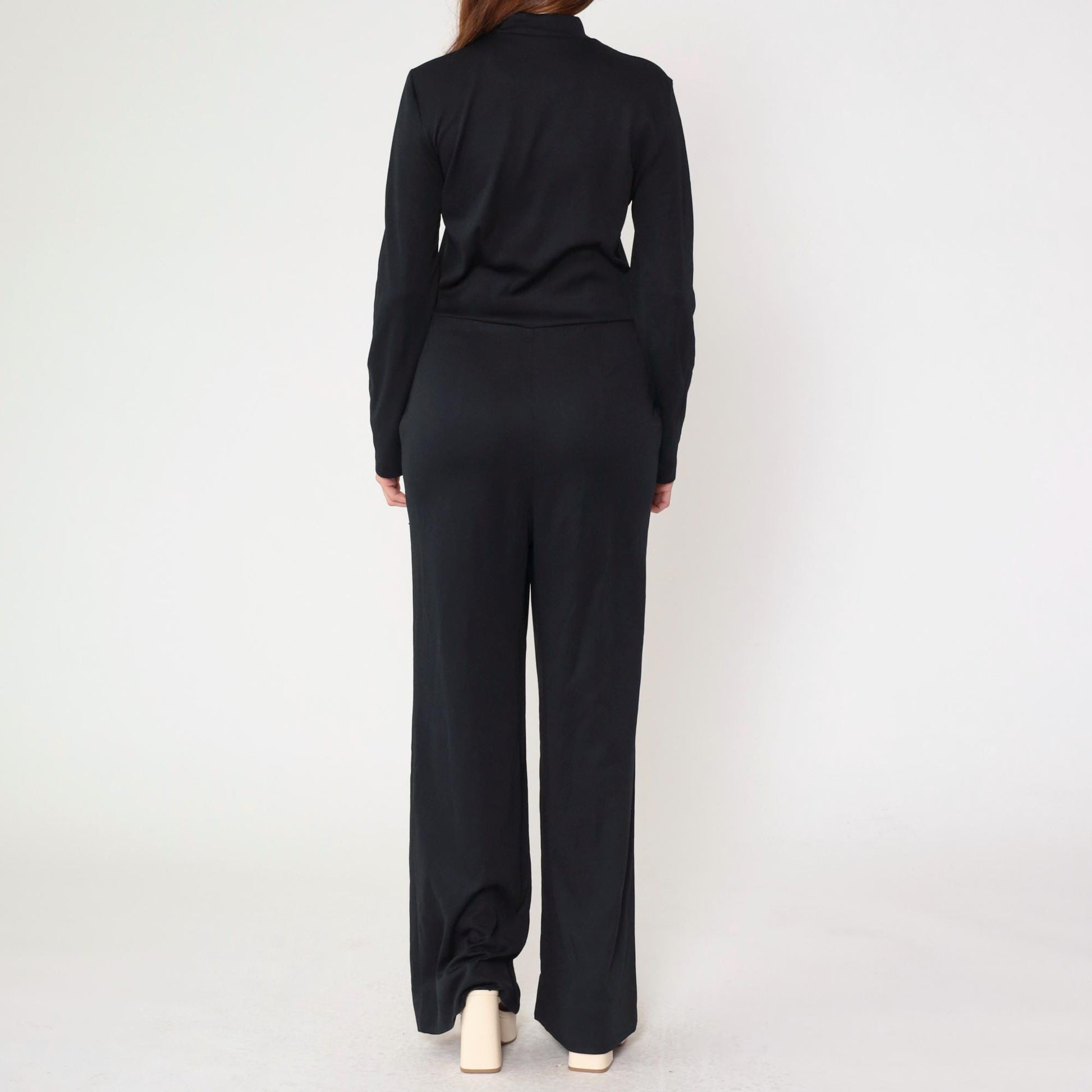 70s Black Jumpsuit White Floral Soutache Trim Straight Leg Long Sleeve Medium Large